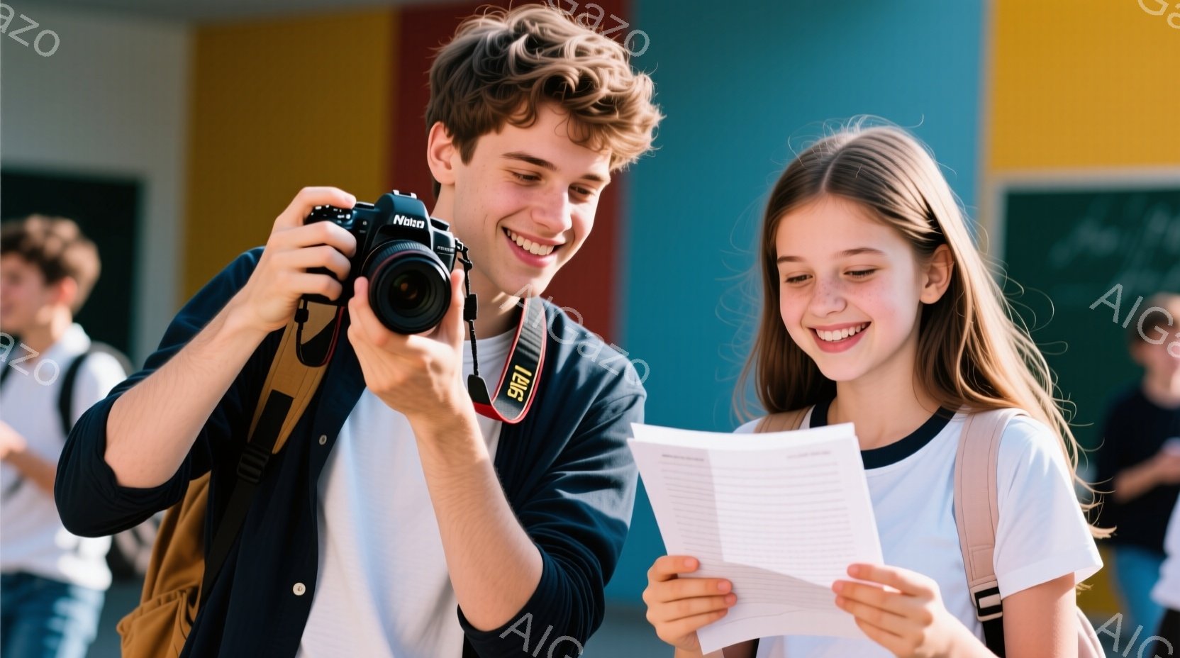 若い男性がデジタル一眼レフカメラを持っており、笑顔の若い女性が紙の書類を見ている。男性は紺色のセーターを着て、女性は白いTシャツを着ており、両者ともバックパックを背負っている。背景には他の生徒たちがお - AI生成フリー素材