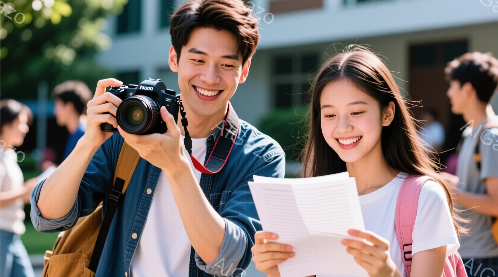 若い男性と女性が、晴れた屋外で楽しそうに写っている。男性はデニムシャツにキャメル色のバッグを背負い、笑顔でカメラを構えている。女性は白いTシャツにピンクのリュックサックを背負い、何か紙を見ながら満面の笑みを浮かべており、背景には緑豊かな木々と建物が見える。