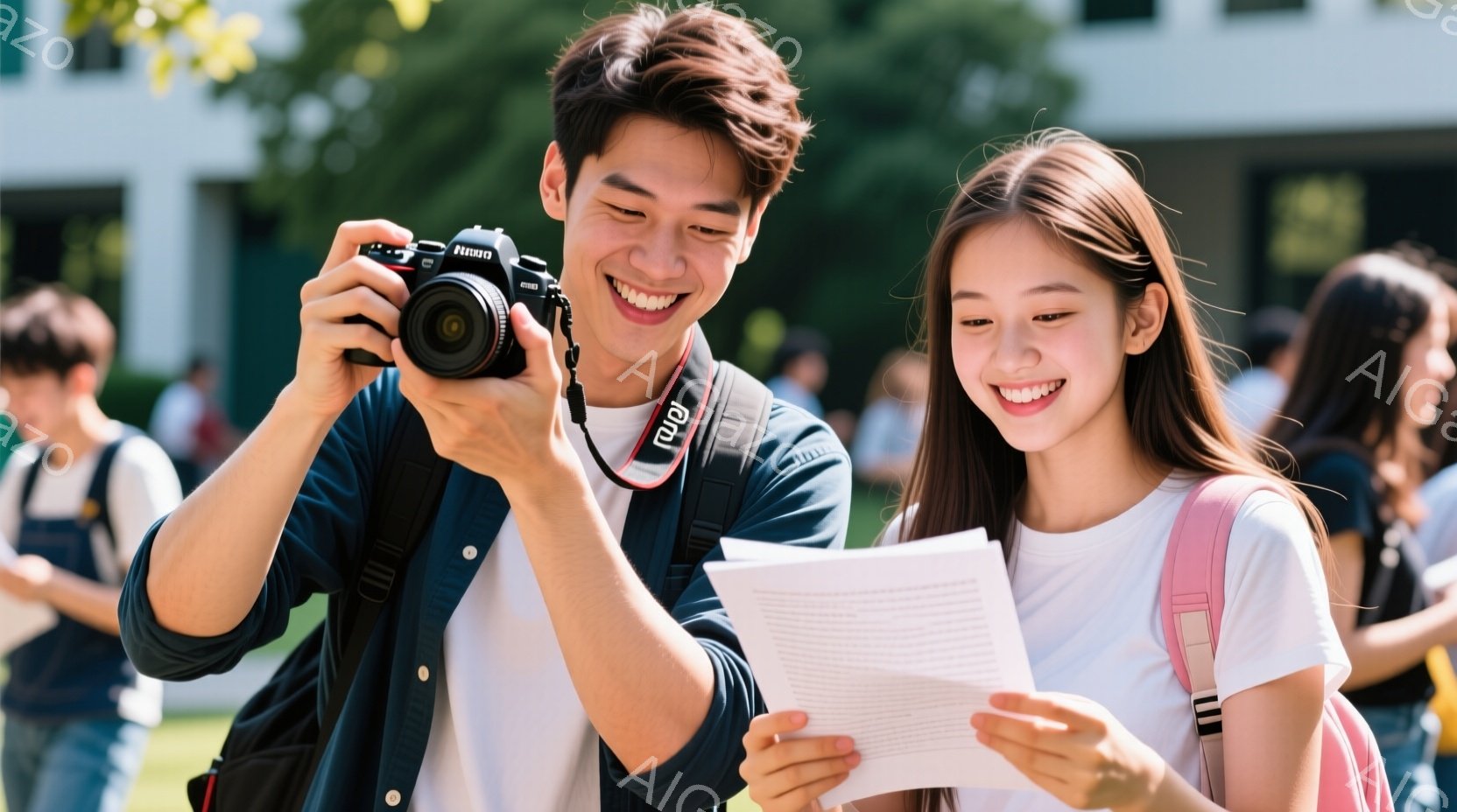 若い男性と女性が、屋外で互いに何かを見ている様子が写っている。男性は紺色のシャツに黒いストラップのカメラを首から下げており、女性は白いTシャツにピンク色のリュックサックを背負い、紙の書類を見ている。背 - AI生成フリー素材