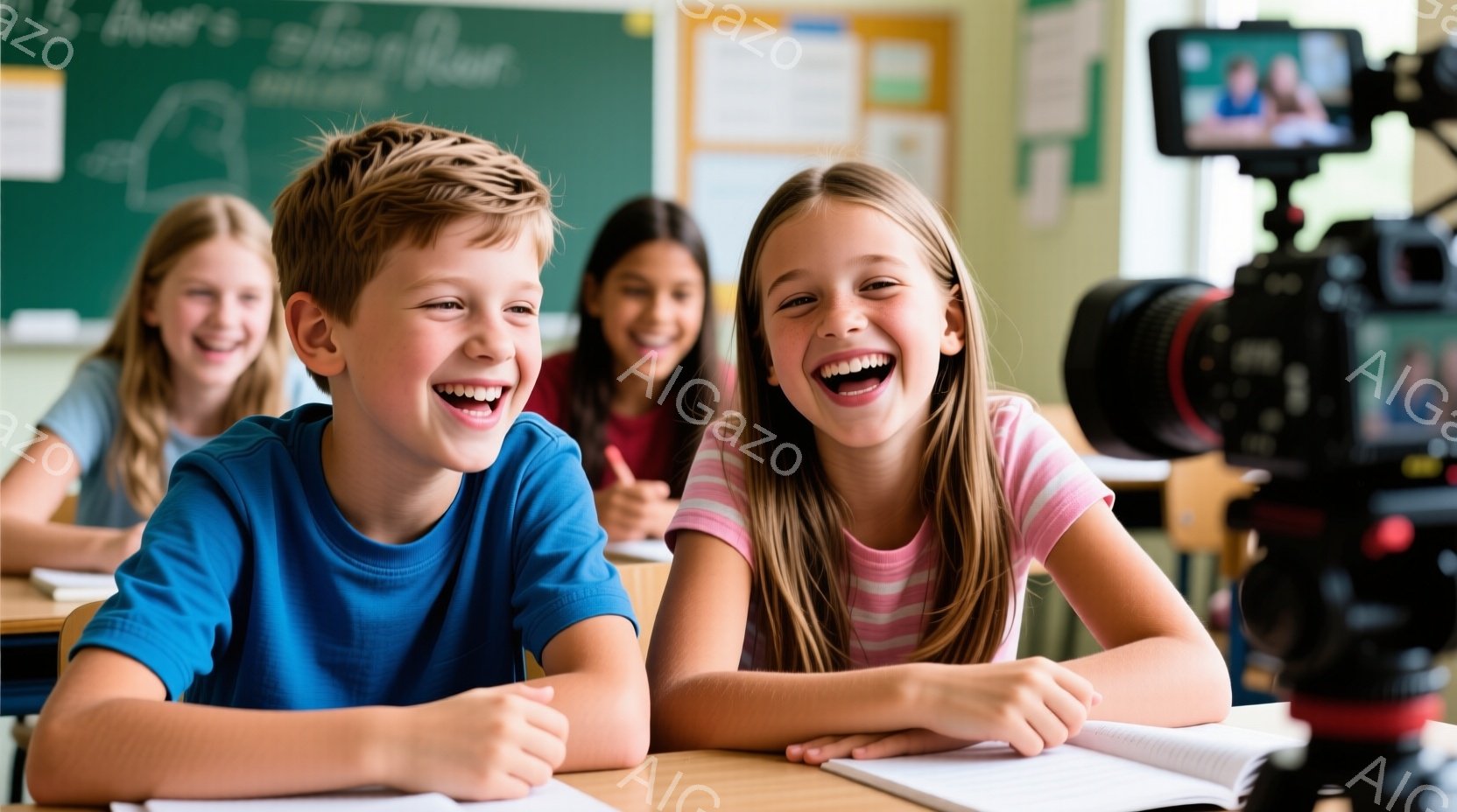 教室の机に座っている子供たちが写っており、特に手前の少年と少女は満面の笑みを浮かべている。少年は青いTシャツを着ており、少女はピンクと白のストライプのTシャツを着ている。背景には、他の生徒たちが少しぼ - AI生成フリー素材