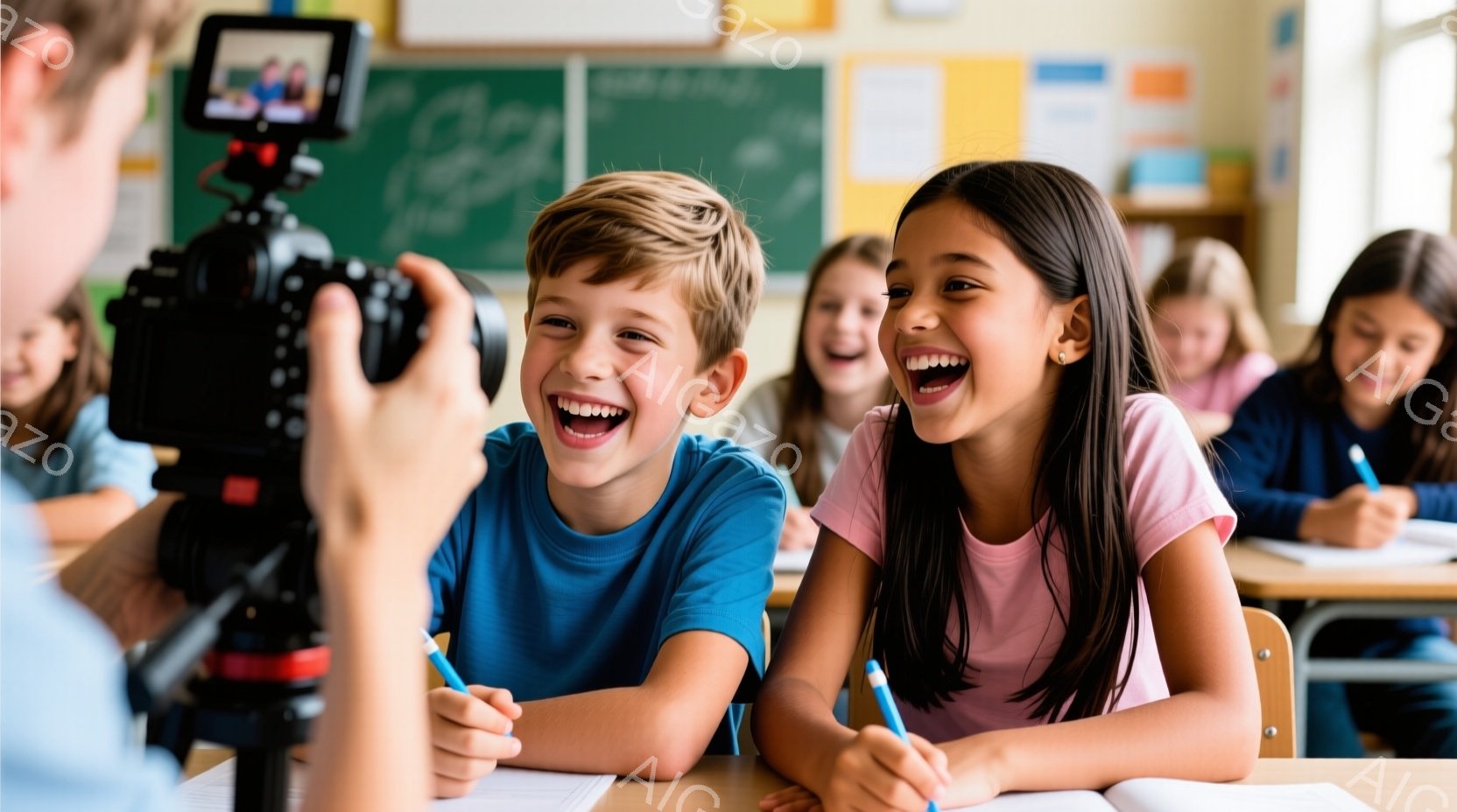 教室で、少年と少女がカメラに向かって満面の笑みを浮かべている。少年は青いTシャツを着ており、少女はピンクのTシャツを着ており、それぞれ手に青い鉛筆を持っている。教室には他の生徒もおり、明るい雰囲気で楽 - AI生成フリー素材