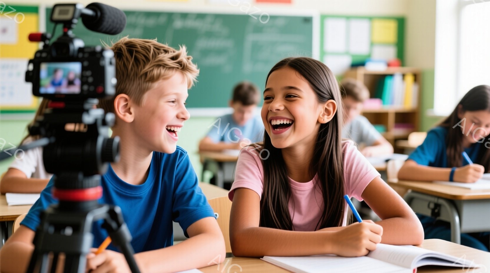 教室で、少年と少女がカメラに向かって笑顔で話しています。少年は青いTシャツを着ており、髪はブロンドで短く、少女は赤いTシャツを着て、髪は長く黒髪です。背景には他の生徒たちが机に向かって勉強しており、教室全体が明るく活気のある雰囲気です。