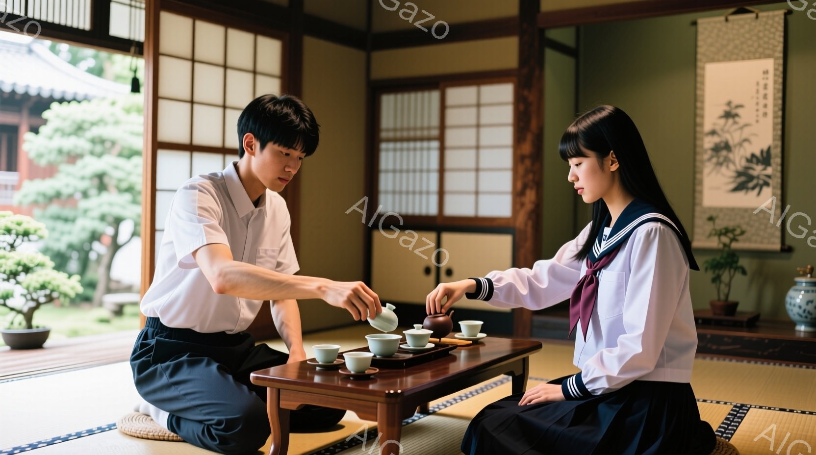 制服姿の男女が畳の部屋で向かい合って座り、お茶を注ぎ合っている様子が写っている。男性は黒髪で、白いシャツと紺色のズボンを着用し、女性は同じ制服に長い黒髪を結んでいる。背景には緑豊かな庭園が見え、窓から - AI生成フリー素材