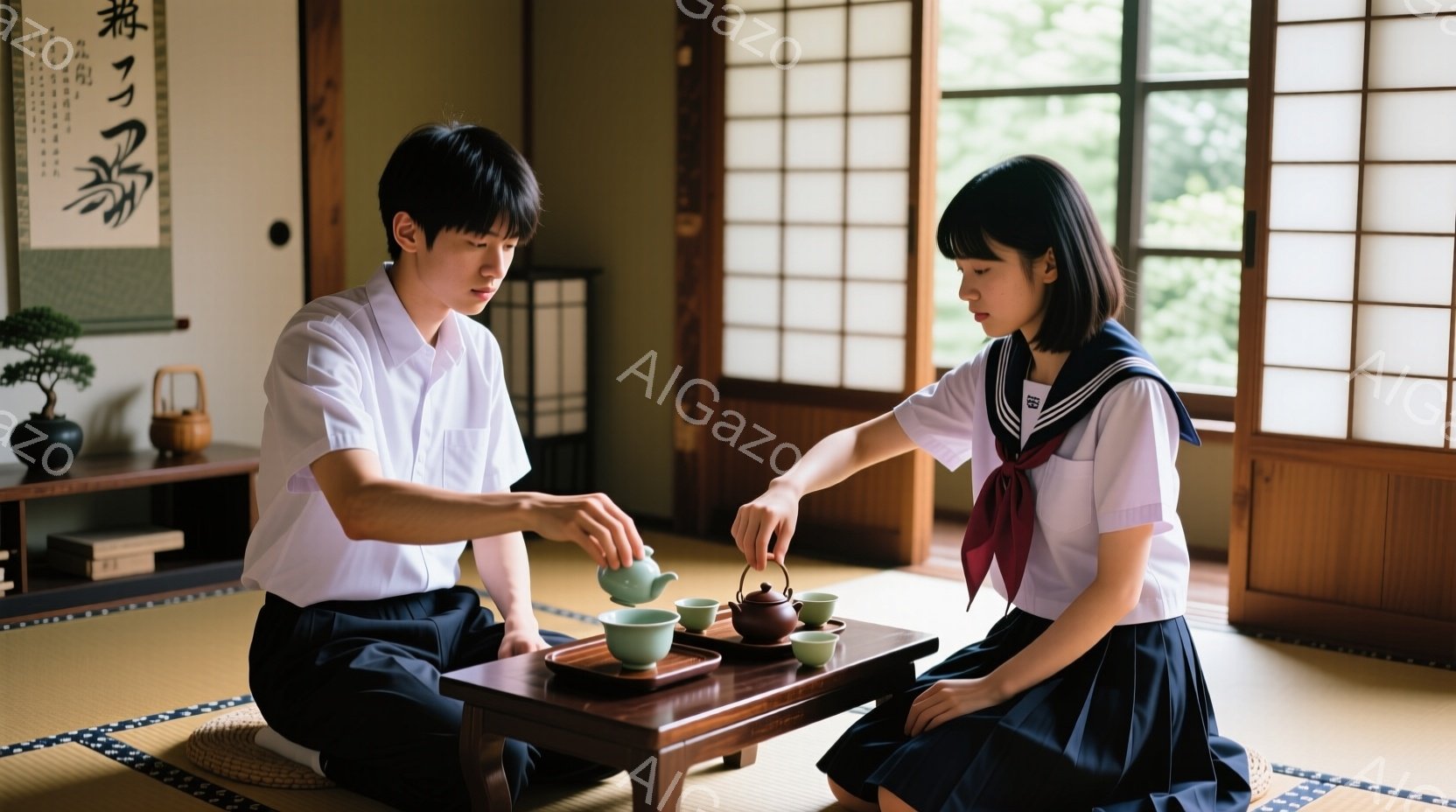 制服を着た男女が畳の部屋で向かい合って座り、お茶を点てています。男性は白いシャツに濃い色のズボンで、女性はセーラー服を着ており、どちらも真剣な表情で茶碗にお茶を注いでいます。背景には掛け軸や盆栽が飾られた木製の棚があり、窓からは緑豊かな庭が見え、落ち着いた雰囲気が漂っています。