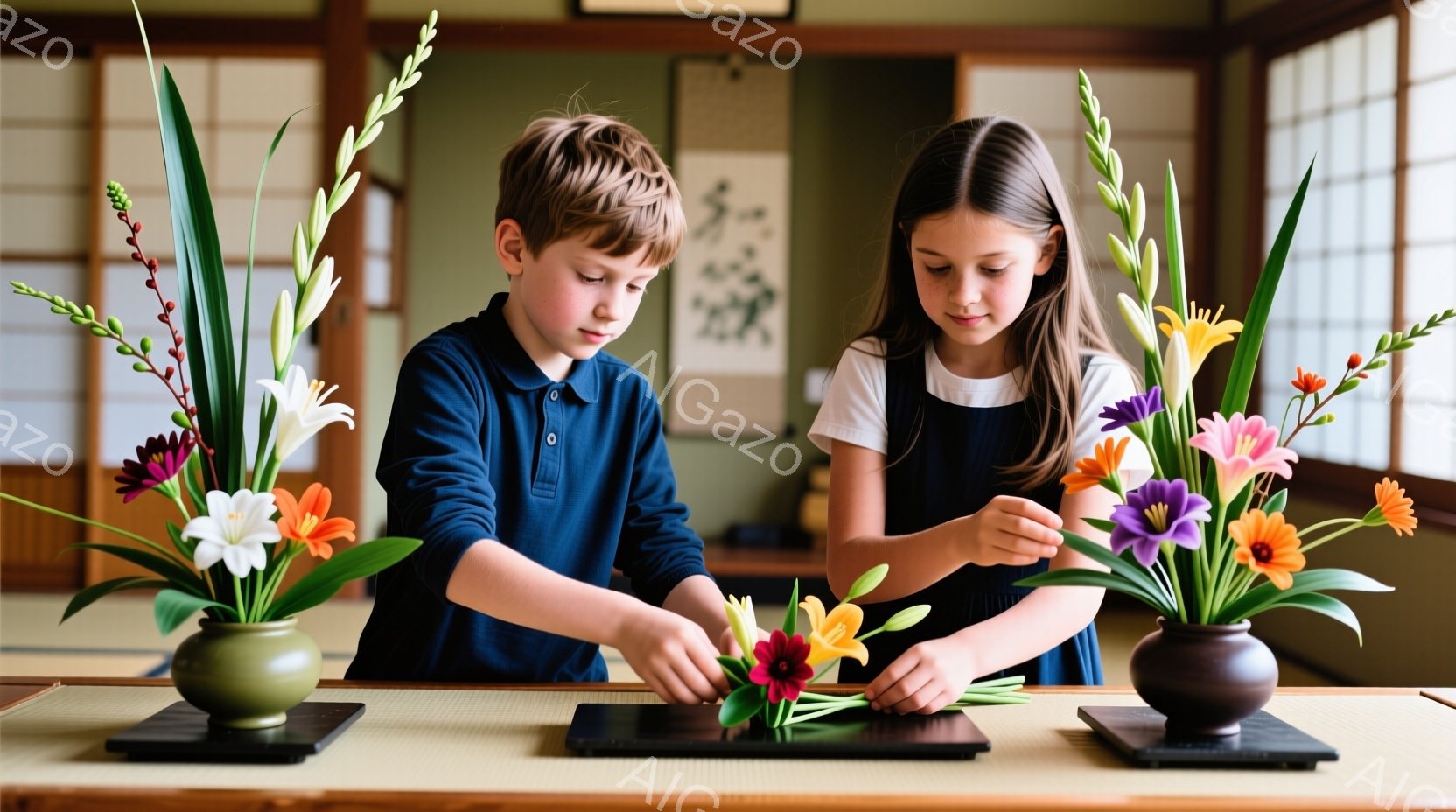二人の子供が畳の上に座り、生け花を作っています。少年は濃い青色のポロシャツを着ており、集中した表情で花を挿しています。少女は黒いワンピースを着て、同じように真剣な面持ちで花を手に持っています。 - AI生成フリー素材