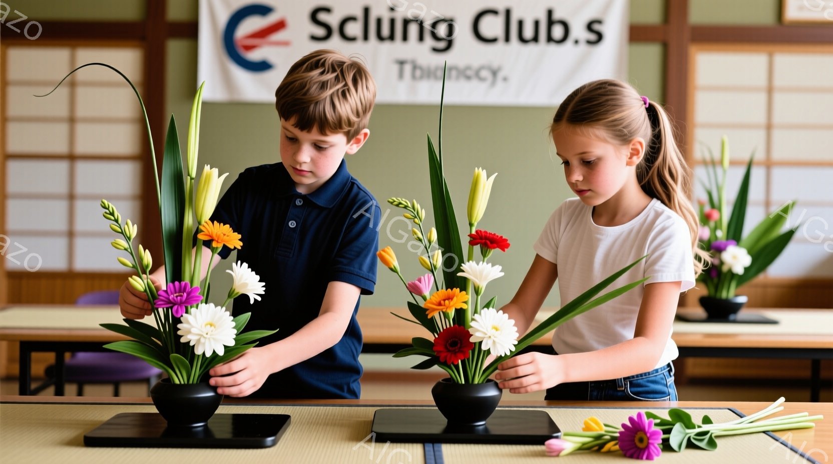 二人の子供が花を生けている様子が写っている。男の子は濃い青色のポロシャツを着ており、女の子は白いTシャツとジーンズ姿で、髪は後ろで束ねられている。背景には畳と木製の壁があり、明るく穏やかな雰囲気である。