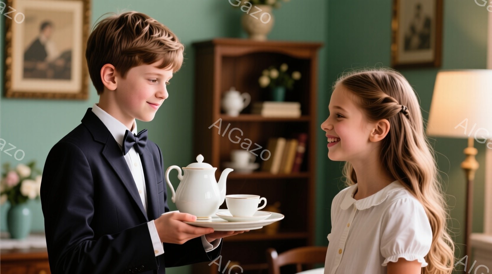 若い男女が研究室で実験を行っている様子が写っている。二人は白衣と保護メガネを着用し、青い手袋をはめて試験管を操作している。背景には顕微鏡や様々な色の液体が入った試験管が並び、科学的な研究室の雰囲気が漂っている。