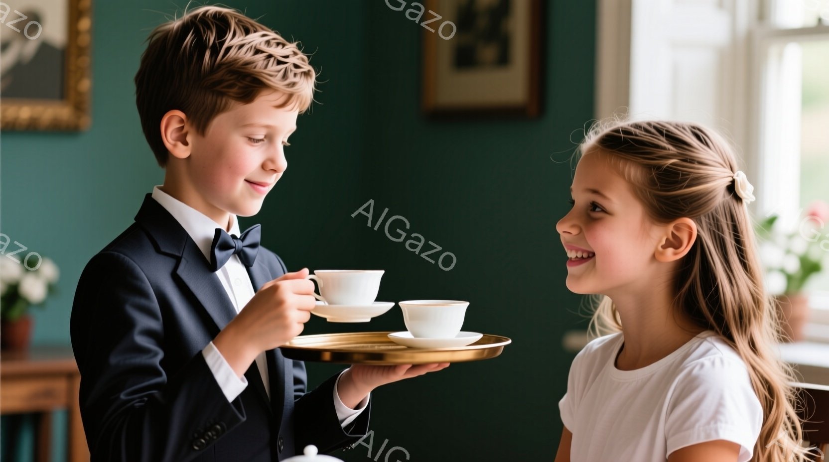 少年はネクタイとボウタイを付けた濃い青色のスーツを着ており、トレイに乗った2つの白いティーカップを女の子に提供しています。女の子は白いTシャツを着ており、微笑みながら少年を見つめています。背景には絵画が飾られた緑色の壁と、窓から差し込む自然光があり、温かく親しげな雰囲気です。