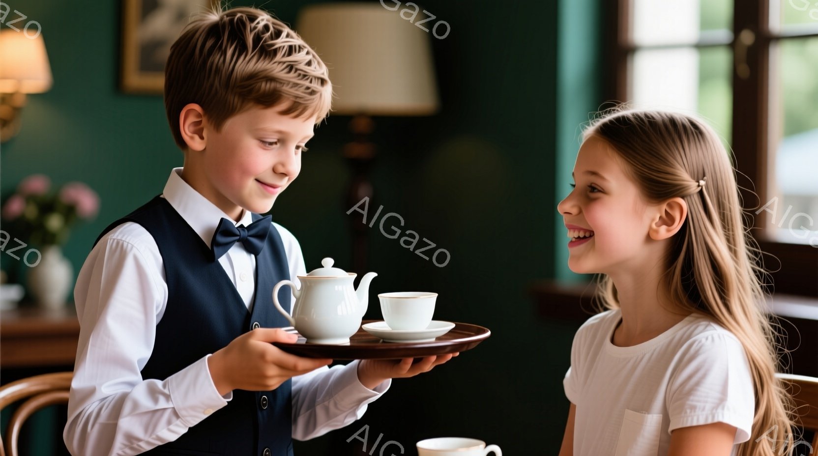 少年はネイビーブルーのベストと白いシャツを着ており、蝶ネクタイを締めています。彼は茶色のトレイにティーポットとティーカップを乗せて、笑顔の少女に提供しようとしています。背景には木製の椅子と、ぼやけた緑色の壁が見え、温かく、家庭的な雰囲気が漂っています。