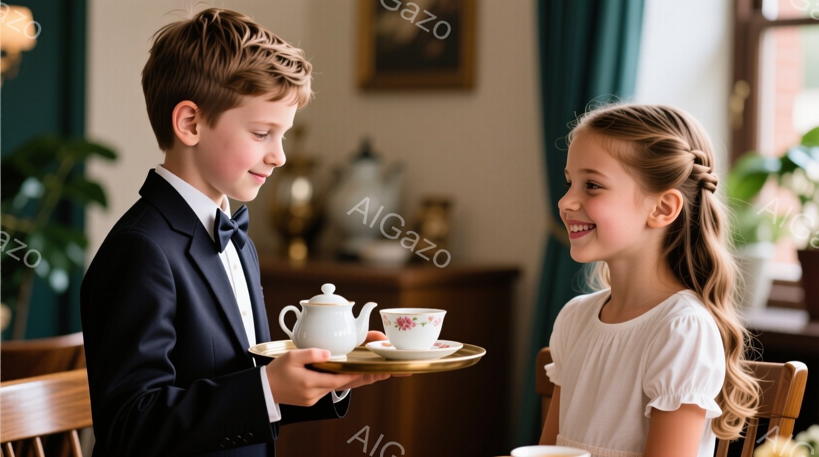 少年は紺色のジャケットと蝶ネクタイを着用し、ティーポットとティーカップが載った銀色のトレイを微笑む少女に差し出しています。少女は白いドレスを着ており、髪は三つ編みにされ、嬉しそうな表情をしています。背景には木製の家具、絵画、そして窓からの自然光が見え、温かく上品な雰囲気です。