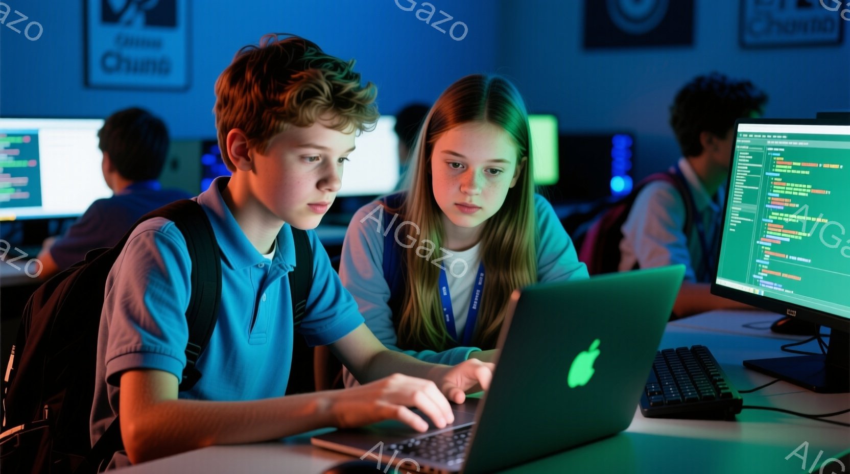 少年と少女は、青いポロシャツを着て、コンピューターの前に座り、真剣な表情でノートパソコンを見つめている。背景には他の生徒がおり、モニターにはカラフルなコードが表示されている。 全体的に、テクノロジーに - AI生成フリー素材