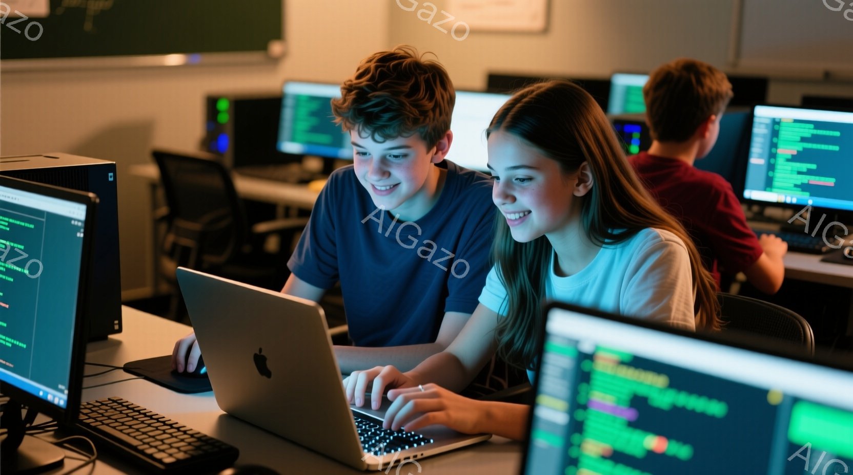 若い男女がコンピューターの前で協力して作業している様子が写っています。少年は青いTシャツを着ており、少女は白いTシャツを着ており、共に笑顔でコンピューターを見つめています。背景には他の生徒たちがコンピューターを使っている様子が見え、教室のような環境で、活気に満ちた雰囲気です。