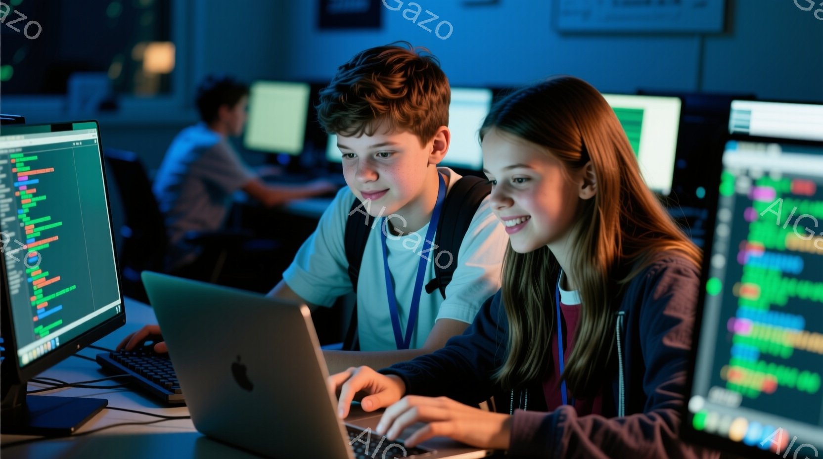 2人の若い学生が、コンピューターの画面を見ながら、集中してタイピングをしている様子が写っている。彼らは、青いTシャツに紫色のストラップが付いたベストを着ており、髪型は男の子が短髪、女の子が長い茶髪である。背景には、他の生徒たちがコンピューターに向かって作業している様子が見え、部屋全体が青色の光で照らされ、モダンな雰囲気を醸し出している。