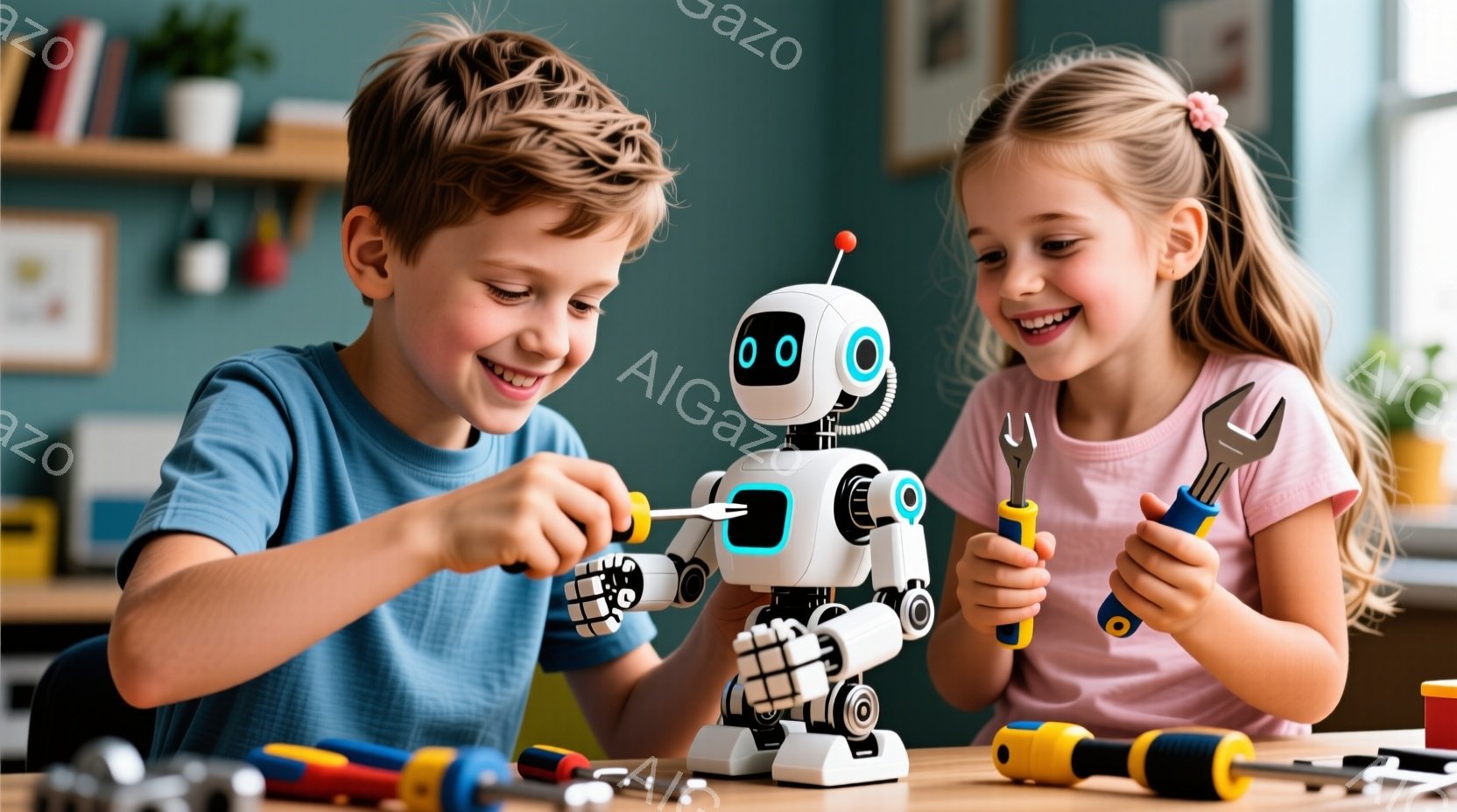 茶髪の少年と金髪の少女が、白いロボットを修理している様子が写っている。少年は青いTシャツを着ており、ロボットの腕をドライバーでいじっている。少女はピンクのTシャツを着て、スパナを手に笑顔でロボットを見 - AI生成フリー素材