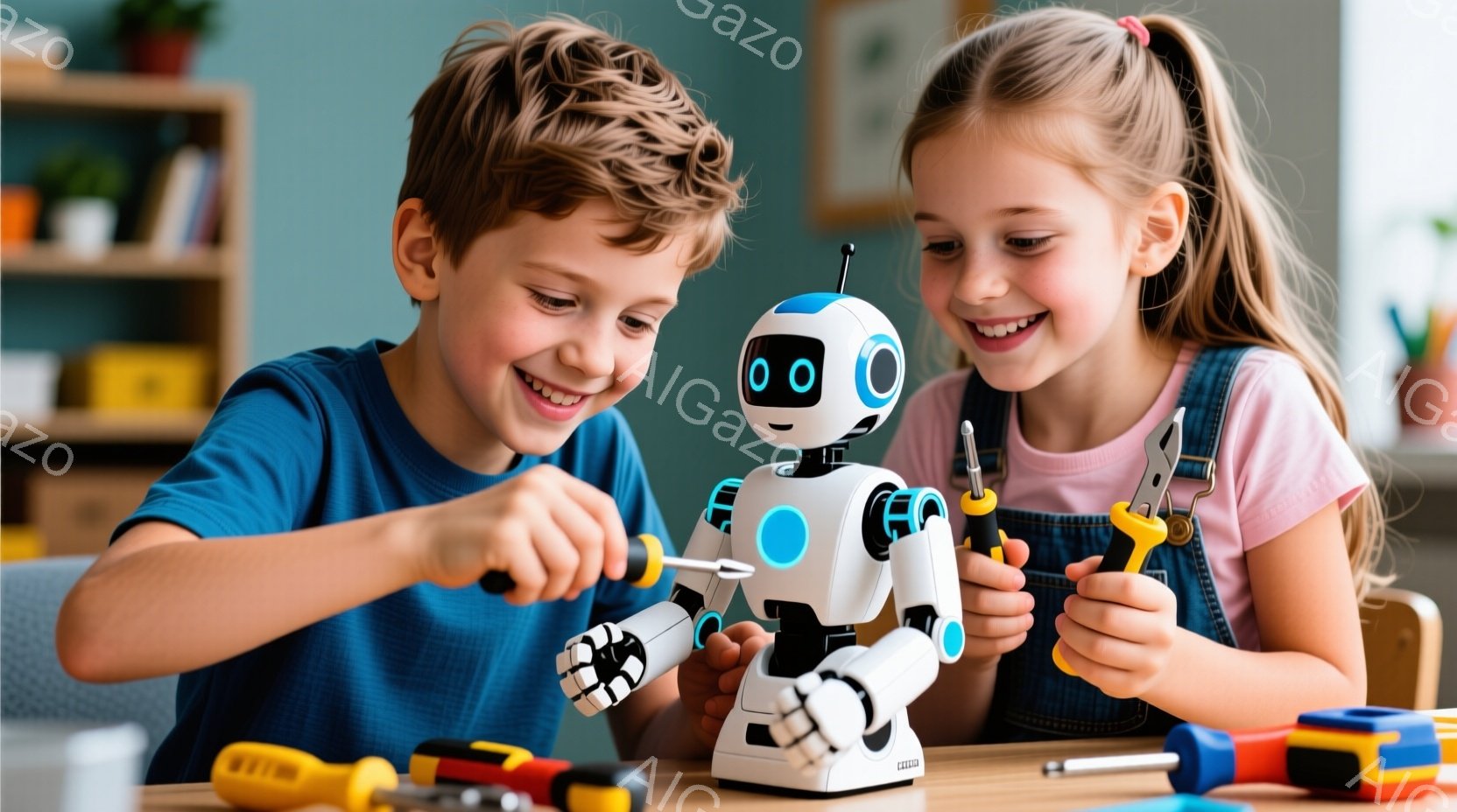 少年と少女がロボットを修理している様子が写っています。少年は青いTシャツを着ており、茶色の髪をしています。少女は水色のオーバーオールを着て、髪をツインテールにしています。二人は笑顔でロボットに集中し、工具を使って手作業を行っています。背景には木製の家具が見え、室内は明るく暖かい雰囲気です。