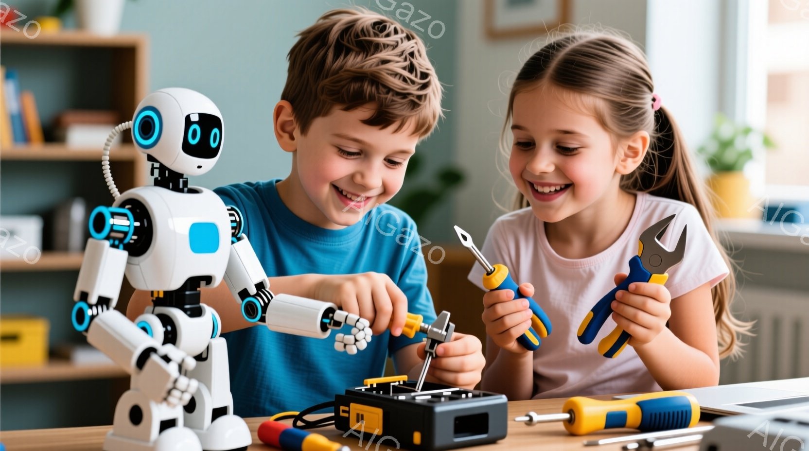 少年と少女は、修理作業に取り組んでおり、明るい笑顔を浮かべている。少年は青いTシャツを着ており、少女はピンクのTシャツを着ていて、それぞれ工具を持ってロボットの修理をしている。背景には木製のテーブルと、ぼやけた部屋の様子が見え、温かく活気のある家庭的な雰囲気が漂っている。