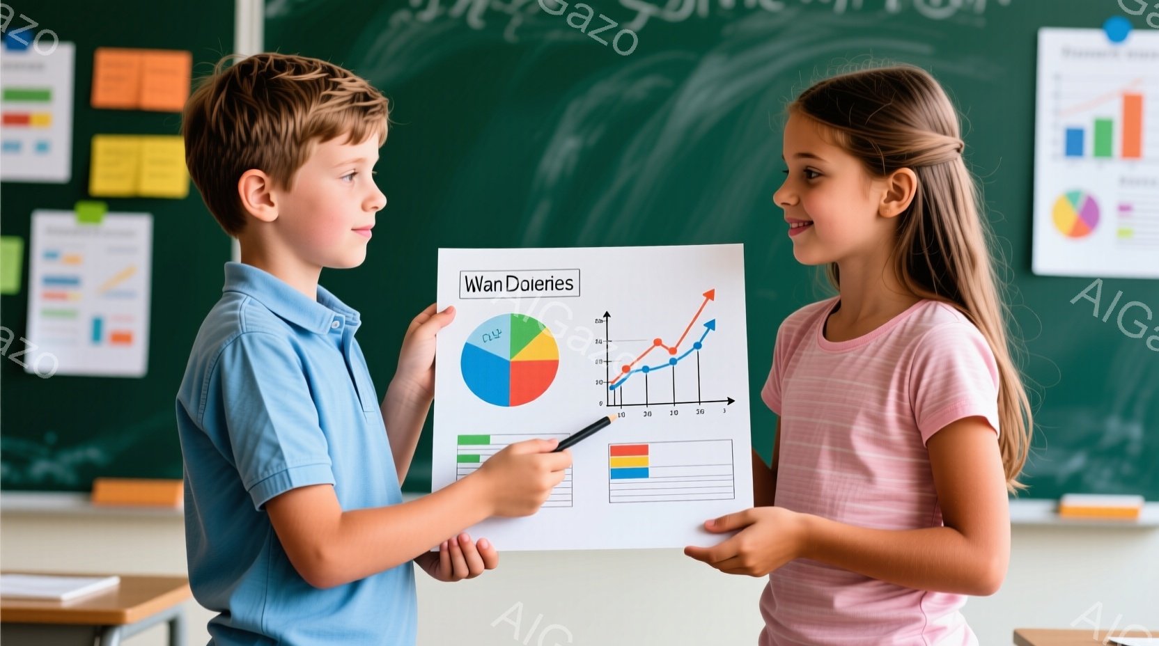 少年と少女が教室でグラフを提示し合っている。少年は青いシャツを着て、短髪で、グラフの棒グラフ部分を指している。少女はグレーのTシャツを着て、三つ編みで、グラフを正面に向けて保持しており、互いに真剣な表 - AI生成フリー素材