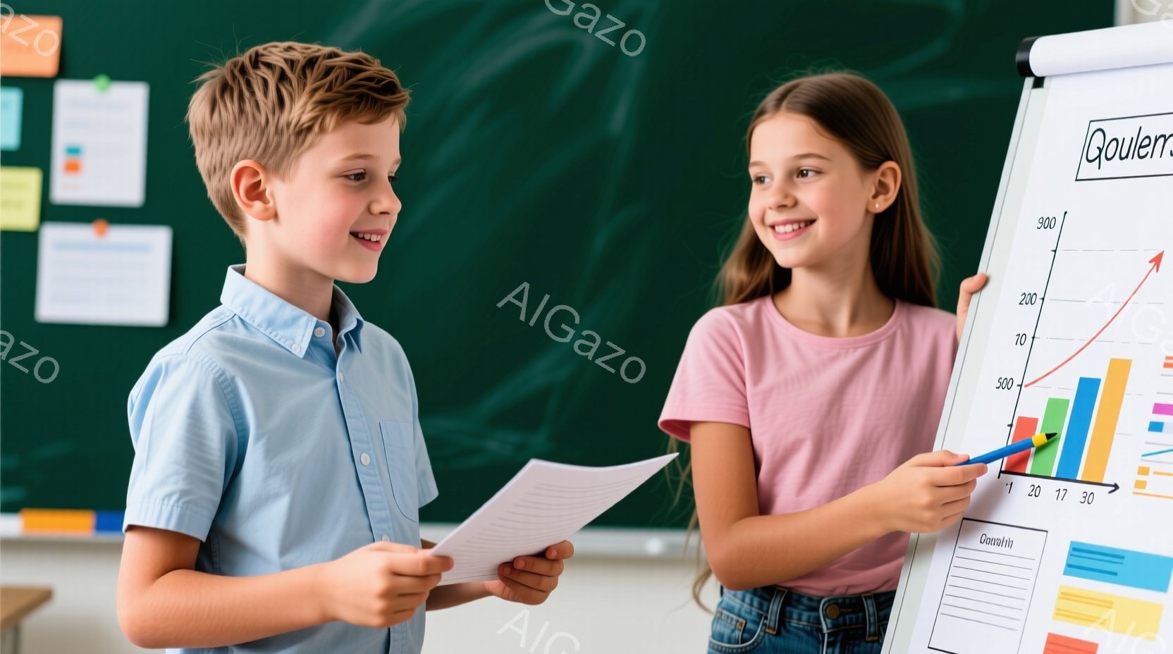 少年と少女が教室でプレゼンテーションをしている様子が写っている。少年は水色のシャツを着ており、少女はジーンズと白いトップスを着て、グラフが描かれたホワイトボードの前で指をさしている。二人は笑顔で、明るく学習意欲に満ちた雰囲気が伝わってくる。