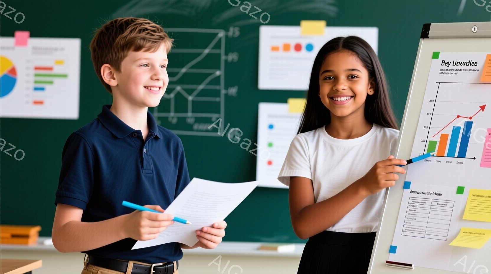 教室で、少年と少女がプレゼンテーションをしている様子が写っています。少年は青いポロシャツとベルトを着用し、少し微笑んでいます。少女は明るい色の服を着ており、自信を持ってプレゼンテーションボードを指差しています。