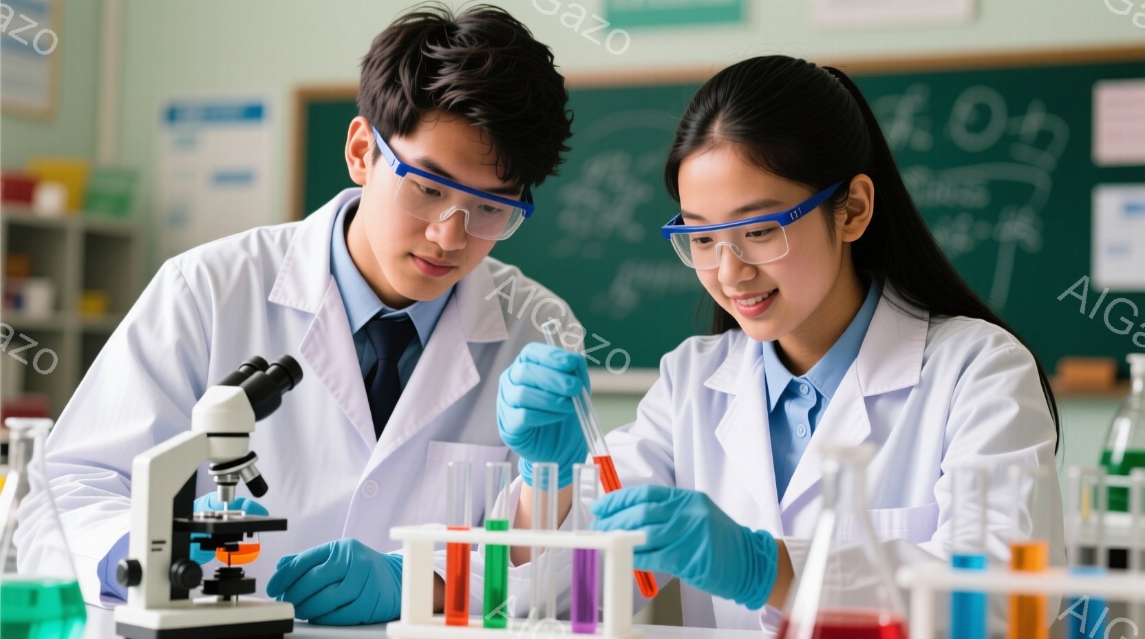 研究室で実験を行う若い男女が写っている。二人は白衣と青い手袋を着用し、保護メガネをかけている。様々な色の試験管が並び、男性は顕微鏡を見つめ、女性は試験管を手に持っている様子から、真剣かつ集中した雰囲気を感じられる。