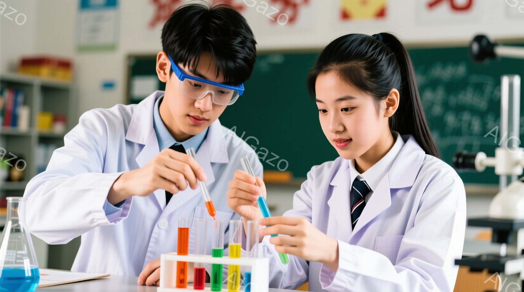 白衣を着た若い男女が、試験管と試験管立ての前で実験をしている様子が写っている。少年はゴーグルをかけ、試験管に何かを垂らすことに集中しており、少女は慎重に試験管を並べている。背景には、実験器具が並んだ棚と黒板が見え、科学の授業風景を表している。