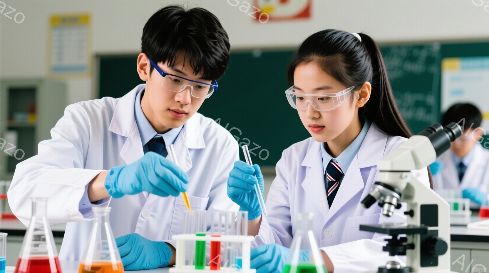 白衣を着た若い男女が実験を行っている様子が写っている。男性は青い手袋を着用し、試験管から別の試験管に液体を移し替えている。女性は顕微鏡の近くで、慎重な表情で実験を見守っている。 - AI生成フリー素材