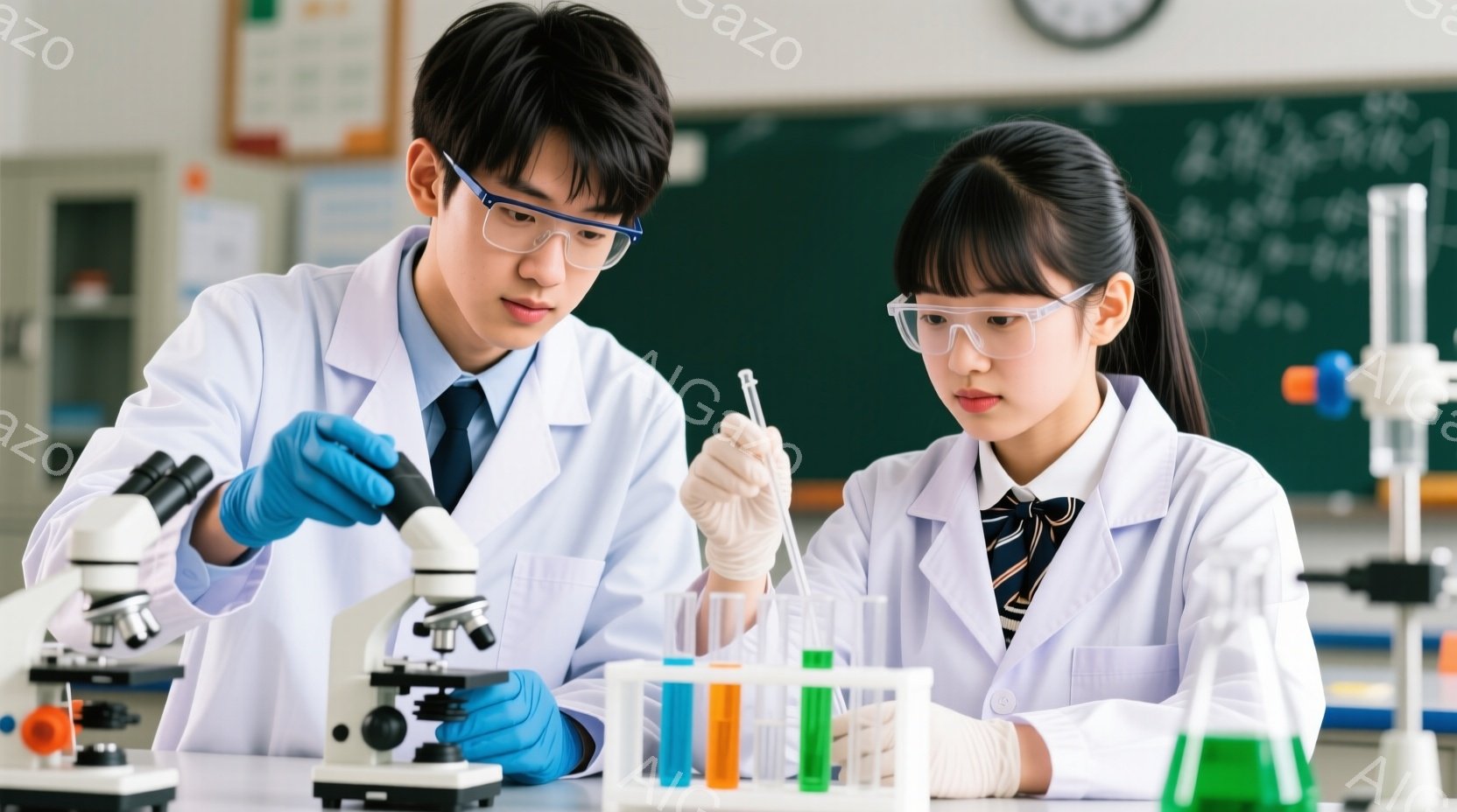 白衣を着た男女の学生が、科学実験を行っている様子が描かれています。男性は青い手袋を着用し、顕微鏡を操作しており、女性は試験管とピペットを使って液体を扱っています。背景には実験器具や黒板が見え、明るく清潔な実験室の雰囲気が伝わってきます。