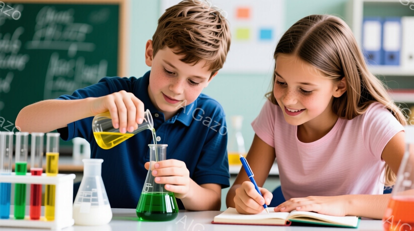 少年は実験器具を使って液体をフラスコに注いでおり、真剣な表情で実験に取り組んでいます。少女はノートにペンで何かを書き込み、実験結果を記録しているようです。背景には、試験管立てや黒板が見え、教室の活気ある雰囲気が伝わってきます。