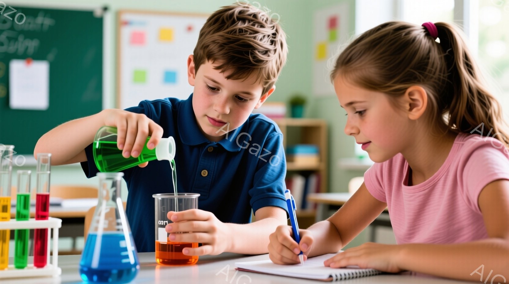 少年は緑色の液体をビーカーに注いでおり、真剣な表情で実験に取り組んでいる。少女はピンク色のシャツを着て、ノートに何かを書きながら、実験結果を記録しているようだ。背景には実験器具が並び、教室らしき場所で科学の授業が行われている様子が伺える。