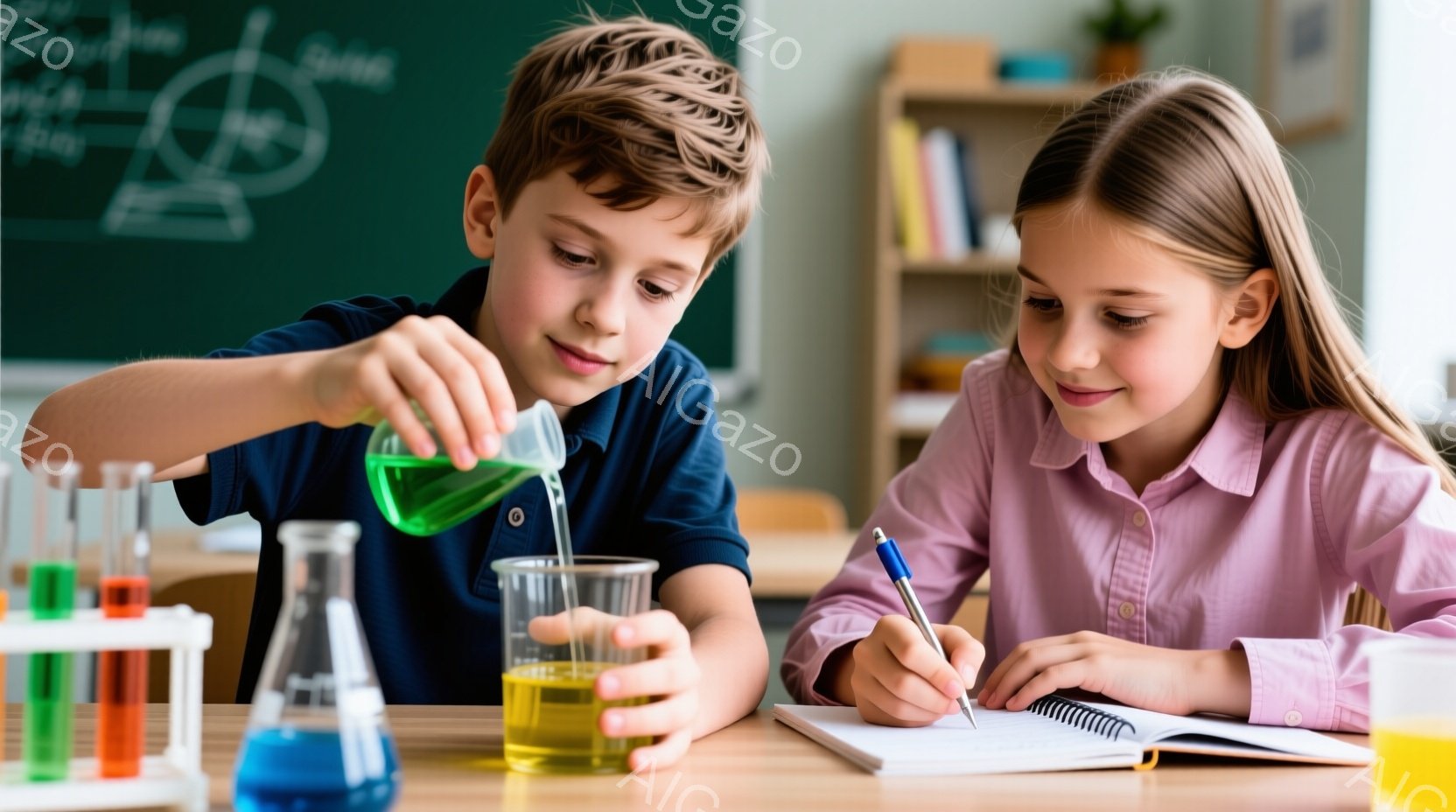 金髪の少年は緑色の液体をフラスコに注ぎ、真剣な表情で実験を行っている。ピンク色のシャツを着た少女はノートに何かを書き込み、集中した様子だ。背景には理科の図表が描かれた黒板や、本棚があり、明るく学習に集 - AI生成フリー素材