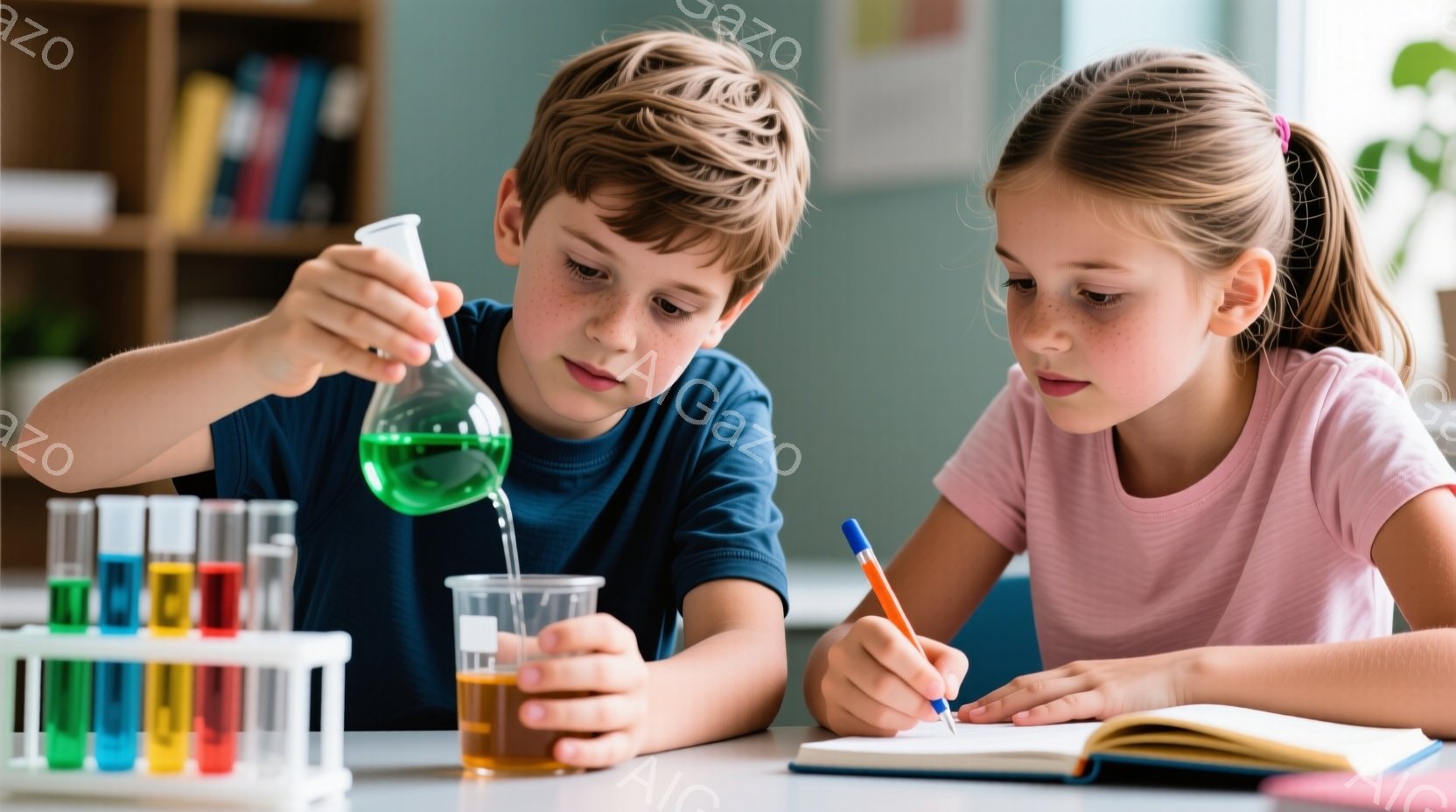 少年は青いシャツを着ており、緑色の液体を試験管から透明なカップに注いでいます。少女はピンク色のシャツを着て、机の上のノートに青いペンで何かを書き込んでいます。背景には、カラフルな試験管立てと本棚があり、室内は明るく、科学実験をしている雰囲気です。