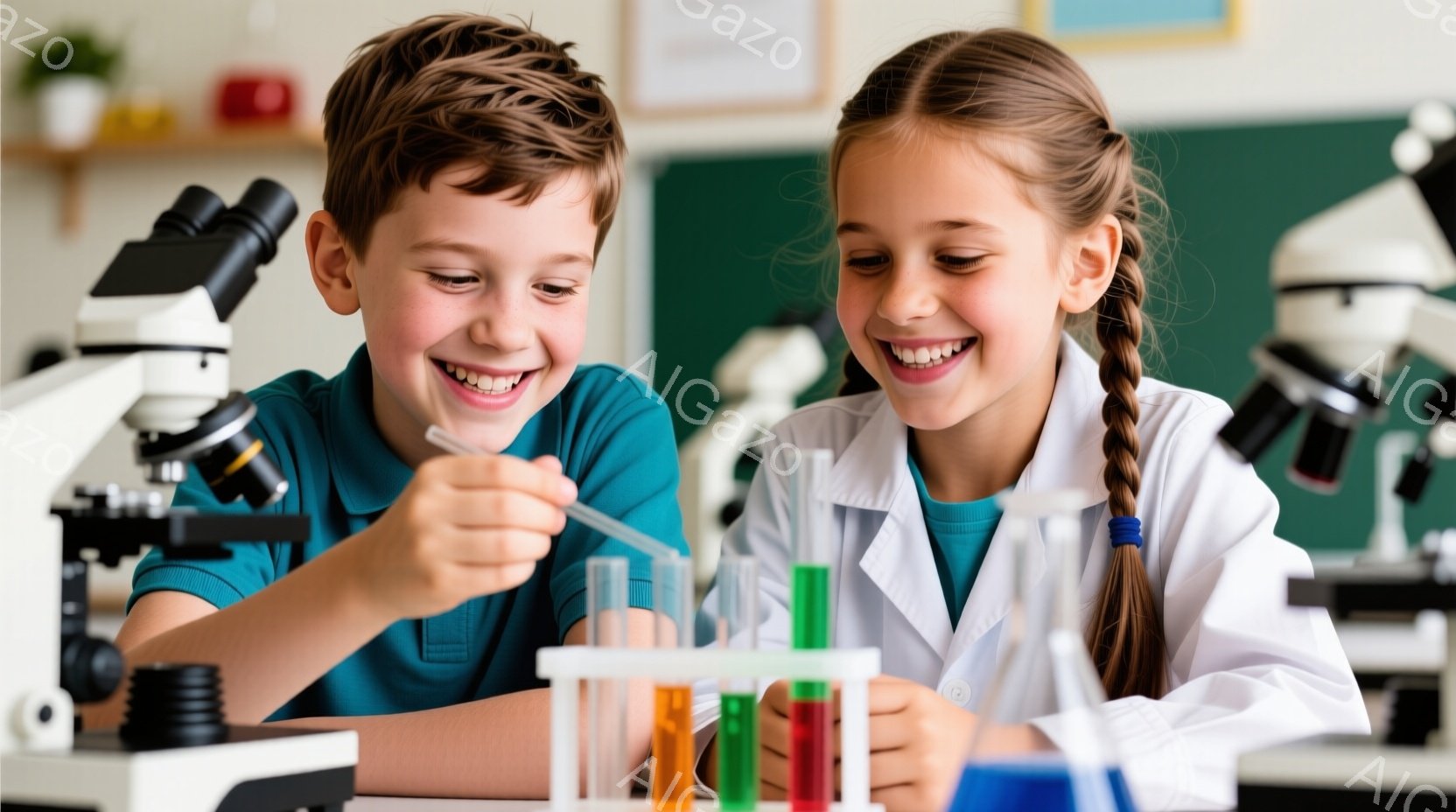少年と少女は実験室で、それぞれ青緑色と白の実験用白衣を着用し、笑顔で実験に取り組んでいます。少年は試験管立てに並んだ様々な色の液体が入った試験管を見つめ、ピペットで何かを操作しようとしています。背景には顕微鏡や緑色の壁が見え、明るく楽しい雰囲気の科学実験の様子が伺えます。