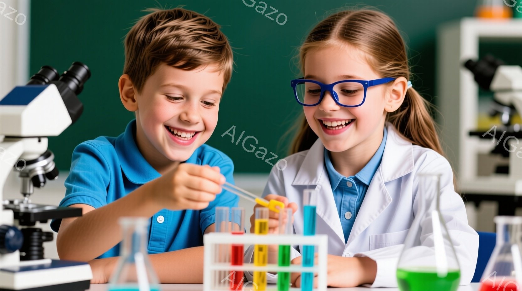幼い少年と少女が実験を楽しんでいる様子が写っている。少年は青いシャツを着ており、少女は白い実験着と青いシャツを着ている。二人は笑顔で、試験管にカラフルな液体が入った試験管立てを前にして、何かを観察している。