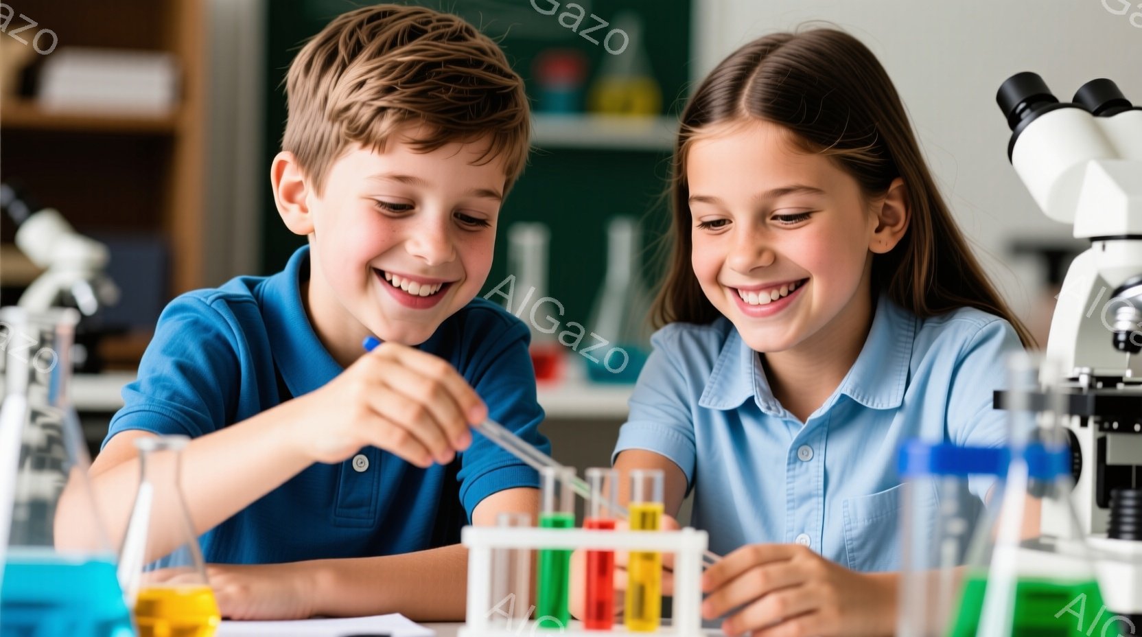 少年と少女が実験に夢中で、試験管に何かを落としています。二人は青いポロシャツを着ており、笑顔で実験を楽しんでいる様子が伺えます。背景には実験器具や試験管が並び、科学教室のような雰囲気で、明るく活気のある様子が伝わってきます。