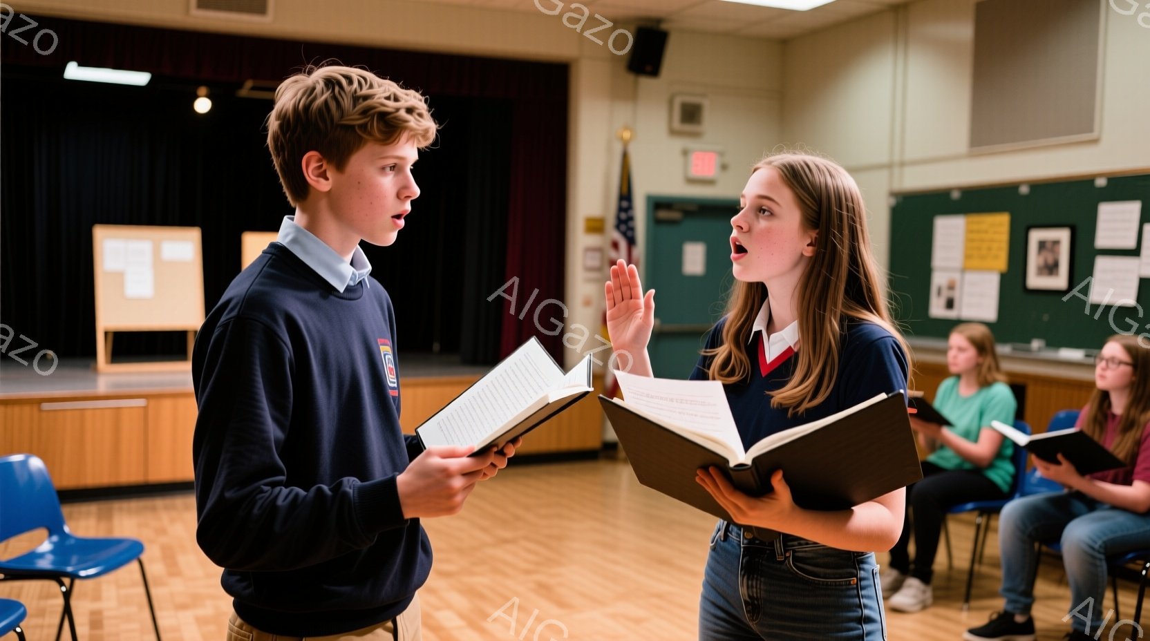 少年と少女が舞台上で台本を持ち、まるで演劇の練習をしているようです。少年は紺色のセーターとベージュのズボンを着用し、少し真剣な表情で台本を見ています。少女はデニムのジーンズと紺色のセーターを着て、片手を上げて熱心に何かを説明しているようです。