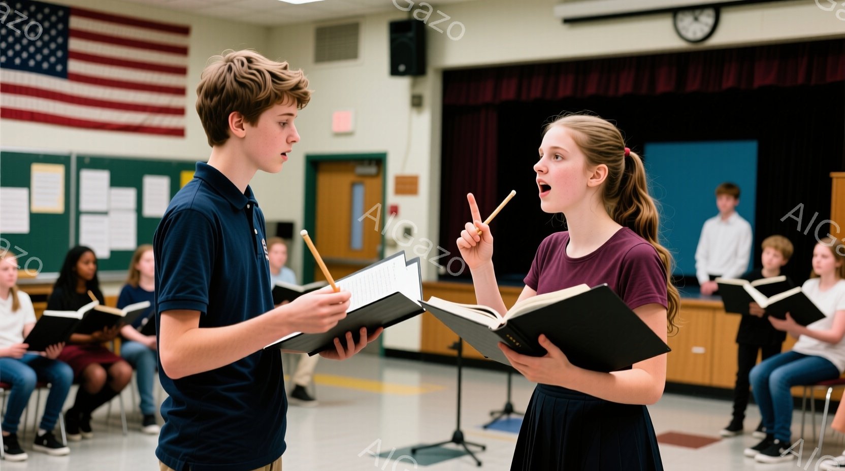 若い男女がステージ上で本を見ながら演技をしている。少年は濃い青のポロシャツに黒いズボン、少女は紫色のブラウスに濃い青のスカートを着ており、どちらも真剣な表情で片手に鉛筆を持っている。背景には他の生徒たちが座って見守り、ステージの奥には黒いカーテンとアメリカ国旗が見える、演劇の練習風景のようだ。