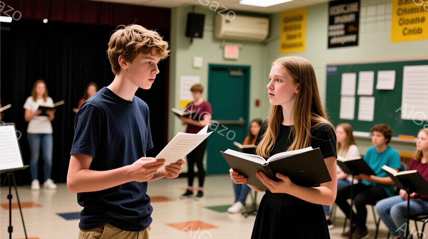 舞台のような空間で、少年と少女が楽譜を手にしながら向き合っている。少年は青いTシャツにベージュ色のズボンを着用し、金髪の髪を無造作にセットしている。少女は黒いドレスを着ており、長い茶髪を後ろに垂らしている。彼女は楽譜をしっかりと開き、少し緊張した表情をしている。