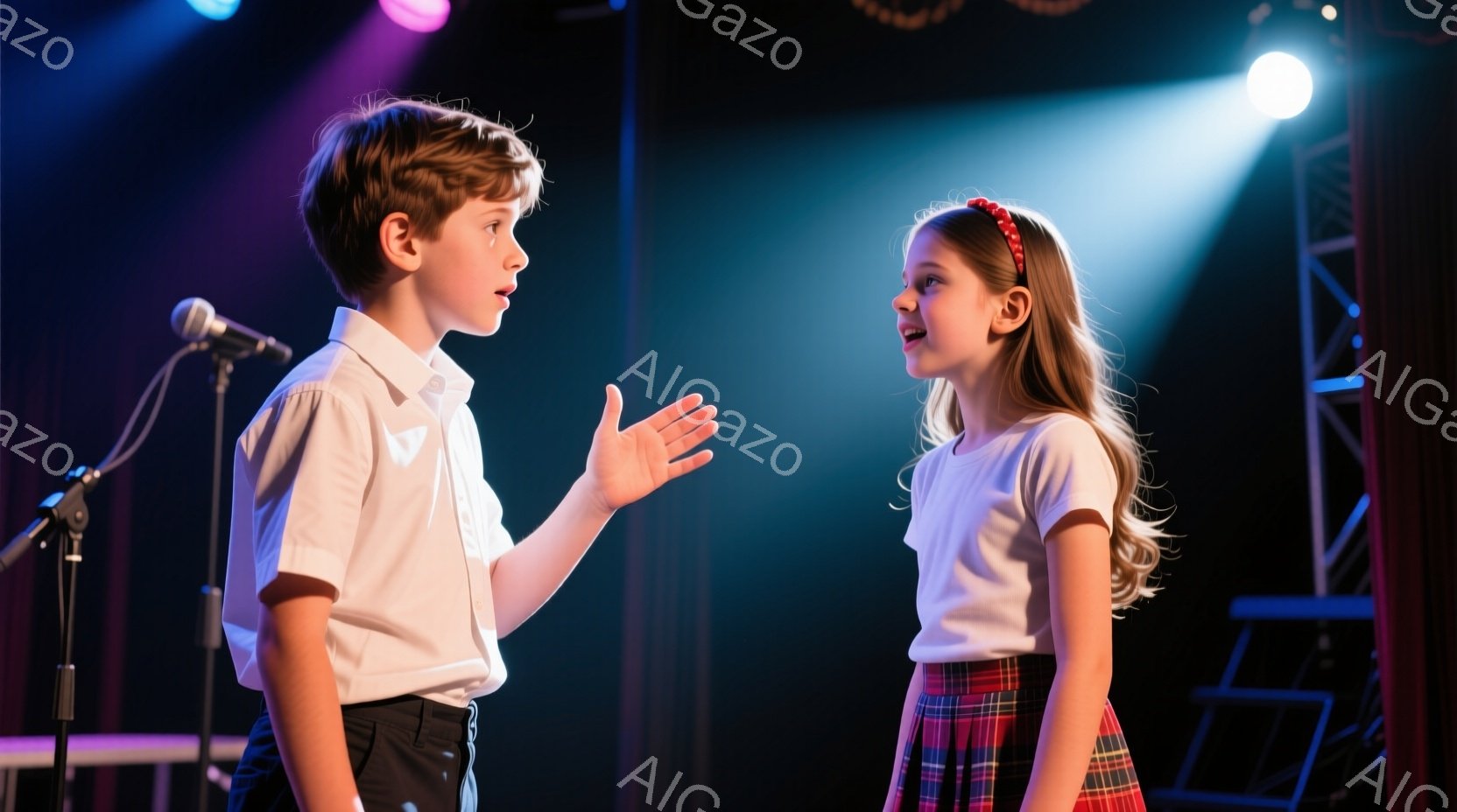 少年と少女がステージ上で向き合っている。少年は白いシャツに黒いズボンを着用し、髪は短く整えられ、何かを説明するかのように片手を広げている。少女は白いTシャツにチェック柄のスカートを着ており、髪を長く伸ばし、頭には赤いヘアバンドをつけている。