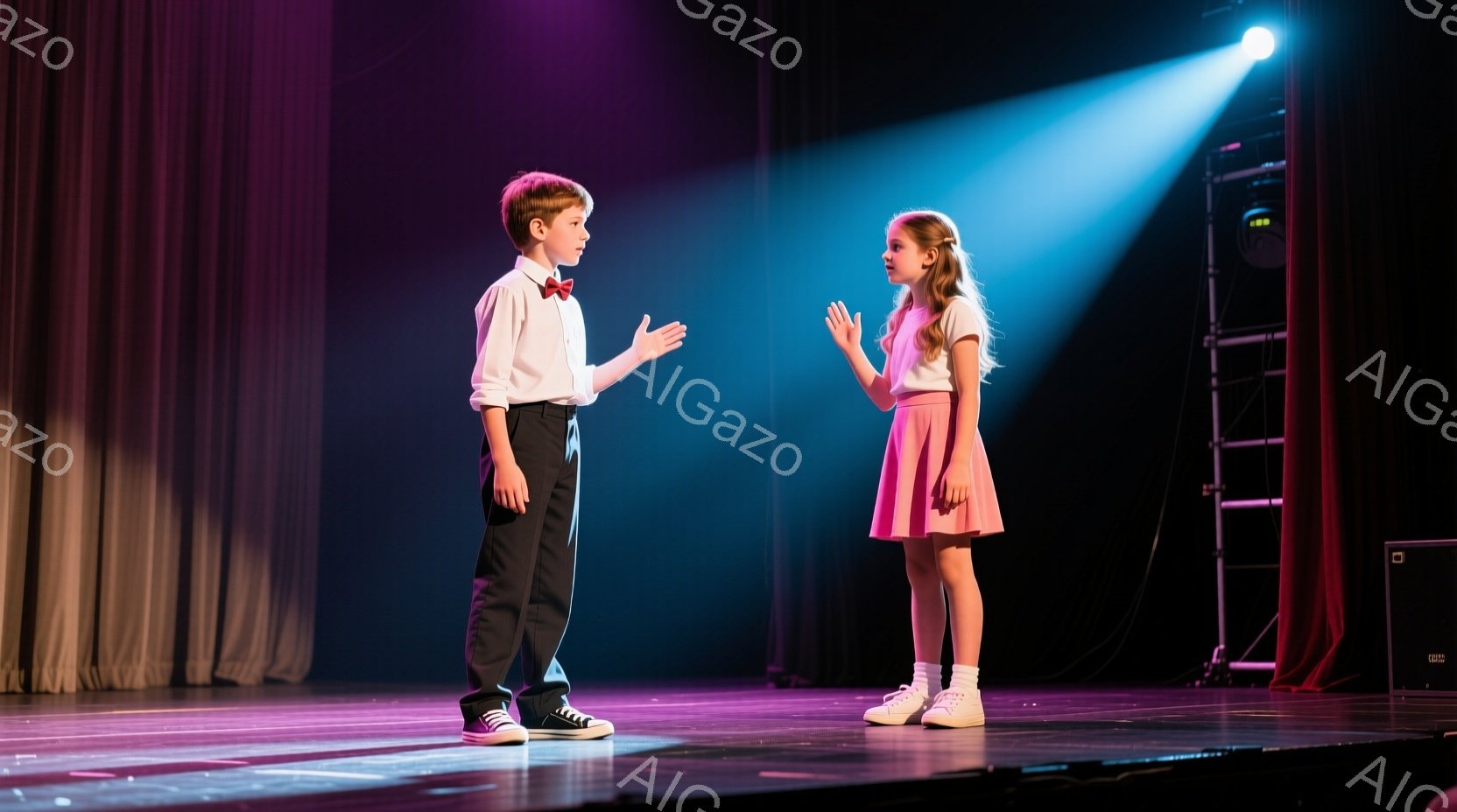 ステージ上に少年と少女が立っており、少年は濃い色のズボンと白いシャツ、そして赤い蝶ネクタイを身に着け、片手を広げて何かを説明しているように見える。少女はピンク色のスカートと白いシャツを着ており、片手を挙げて何かを指し示すようなポーズをとっている。背景には、暗い色のカーテンと、わずかに見えるスピーカーや照明機材があり、舞台の雰囲気を感じさせる。