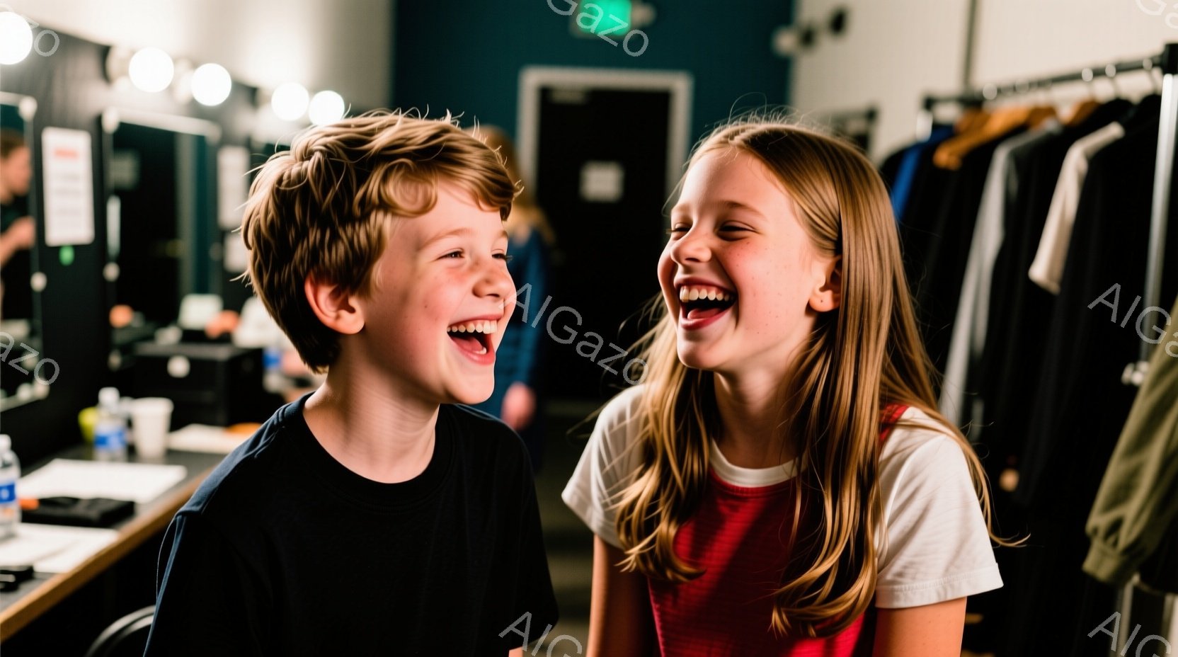 少年と少女が互いに見つめ合い、満面の笑みを浮かべている。少年は黒いTシャツを着ており、赤茶色の髪は短く整えられている。少女は白いTシャツと赤いドレスを着ており、長い茶色の髪を肩から垂らしている。背景に - AI生成フリー素材