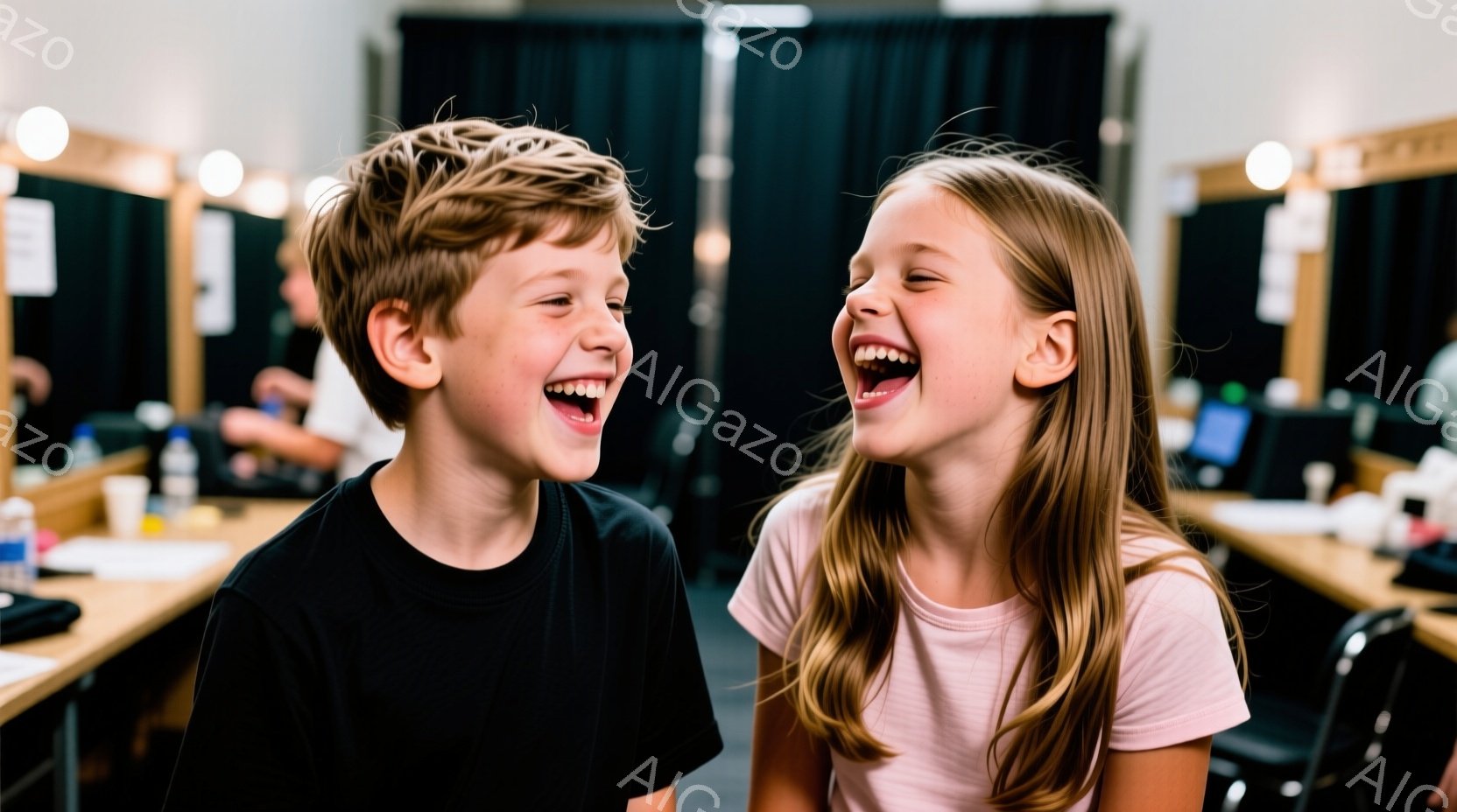 少年と少女が、舞台袖のような場所で、満面の笑みを浮かべて互いを見つめ合っています。少年は黒いTシャツを着ており、明るい茶色の髪は無造作にセットされています。少女はピンク色のTシャツを着ており、長い金色 - AI生成フリー素材