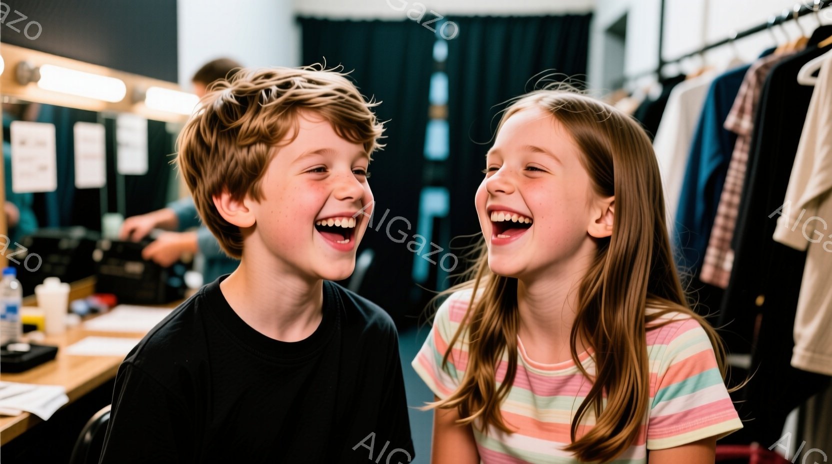 二人の子供が笑いながら互いに顔を寄せ合っている。男の子は黒いTシャツを着ており、少し癖のある茶色の髪をしている。女の子はピンク、白、黄色のストライプのTシャツを着て、長くストレートの髪をしている。