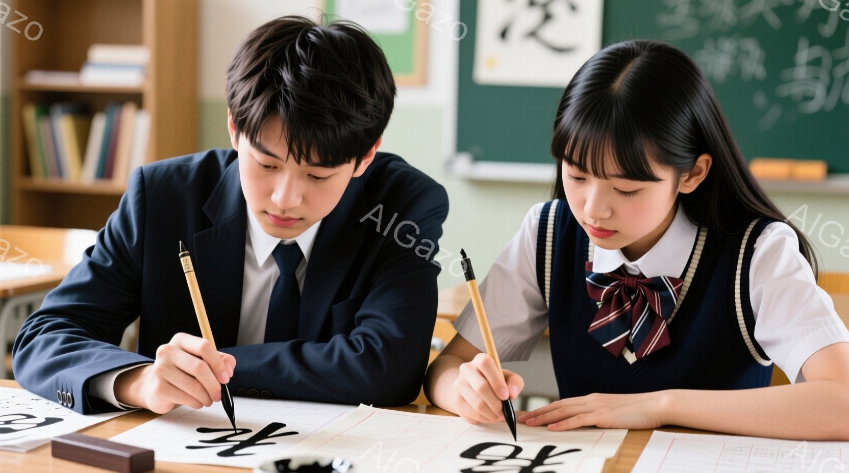 制服を着た男子生徒と女子生徒が、書道に取り組んでいる様子が描かれています。男子は濃い青色のブレザー、女子は白いブラウスに濃い青色のベストを着用し、姿勢を正して筆で文字を書き写しています。背景には木製の机や椅子、そして書道に関連する道具が置かれ、教室らしき空間が広がっています。