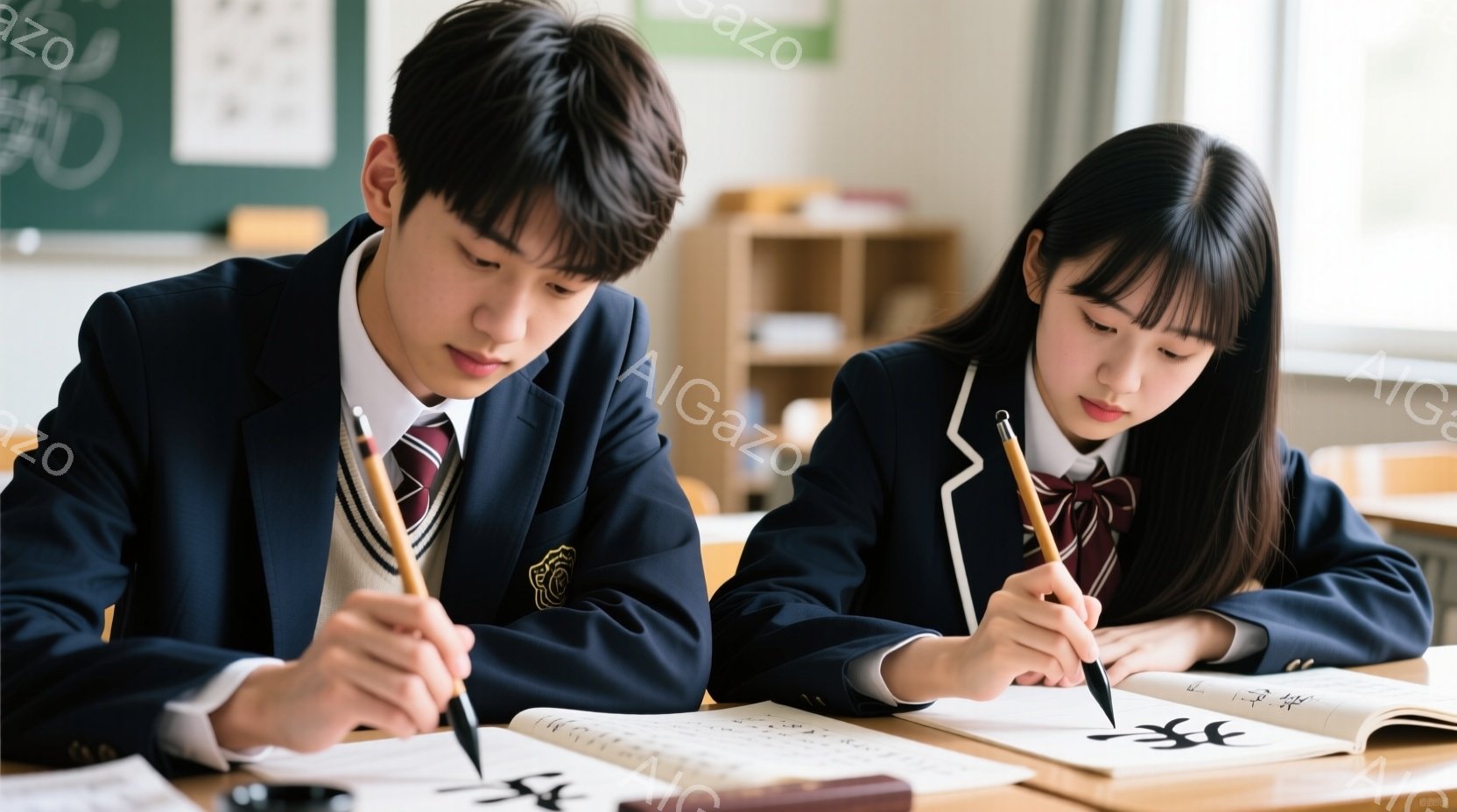 制服を着た男子学生と女子学生が、教室で書道に取り組んでいます。男子学生は濃い髪で、集中して筆を走らせています。女子学生は前髪を伸ばしたロングヘアで、同じように書道に集中しており、教室の奥には棚が見え、落ち着いた雰囲気です。