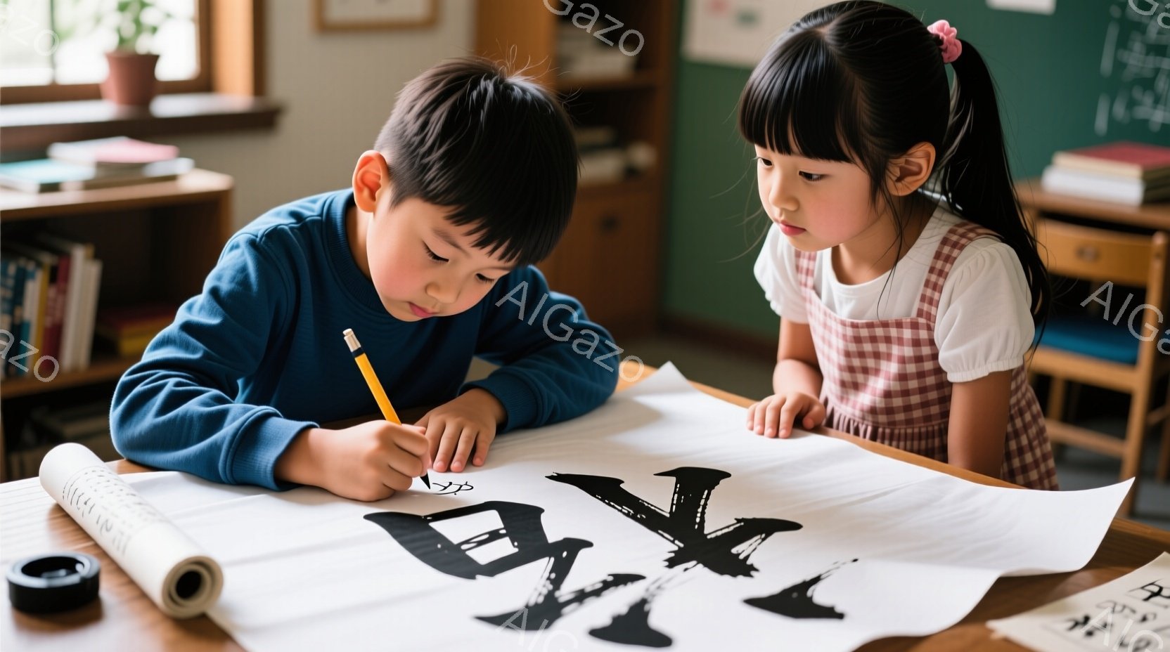 少年と少女が書道に取り組んでいます。少年は濃い青色のセーターを着ており、集中して筆で文字を書き込んでいます。少女は白いシャツに赤いギンガムチェックのエプロンを着ており、少し困ったような表情で少年の書く - AI生成フリー素材