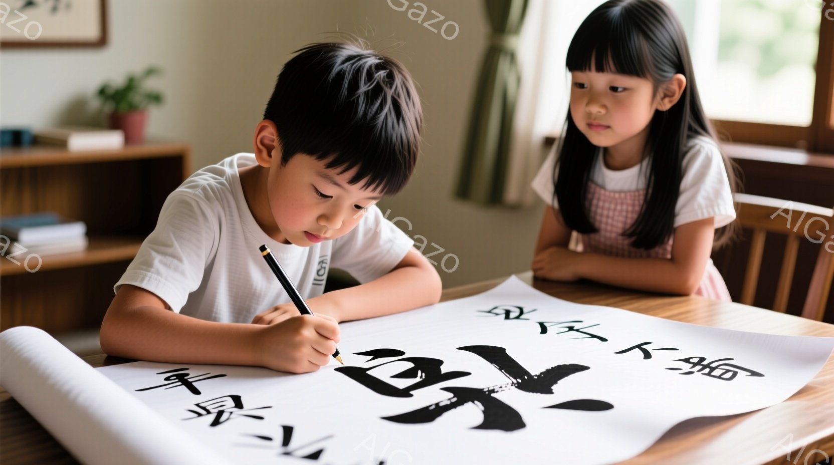 少年はテーブルに座り、大きな白い紙に筆で漢字を書いている。彼は白いシャツを着ており、黒髪を短く切っている。少女は少年の隣に座り、彼が書くのを見つめている。 - AI生成フリー素材