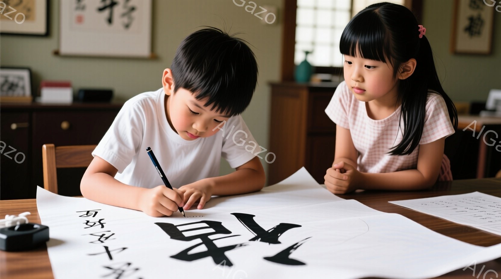 二人の子供が書道に取り組んでいます。少年は白いTシャツを着て、集中して筆で文字を書き、少女はピンク色のシャツを着て、興味津々に見守っています。背景には、掛け軸や書道用具が置かれた木製の棚があり、落ち着いた雰囲気の室内で書道に励む子供たちの姿が描かれています。