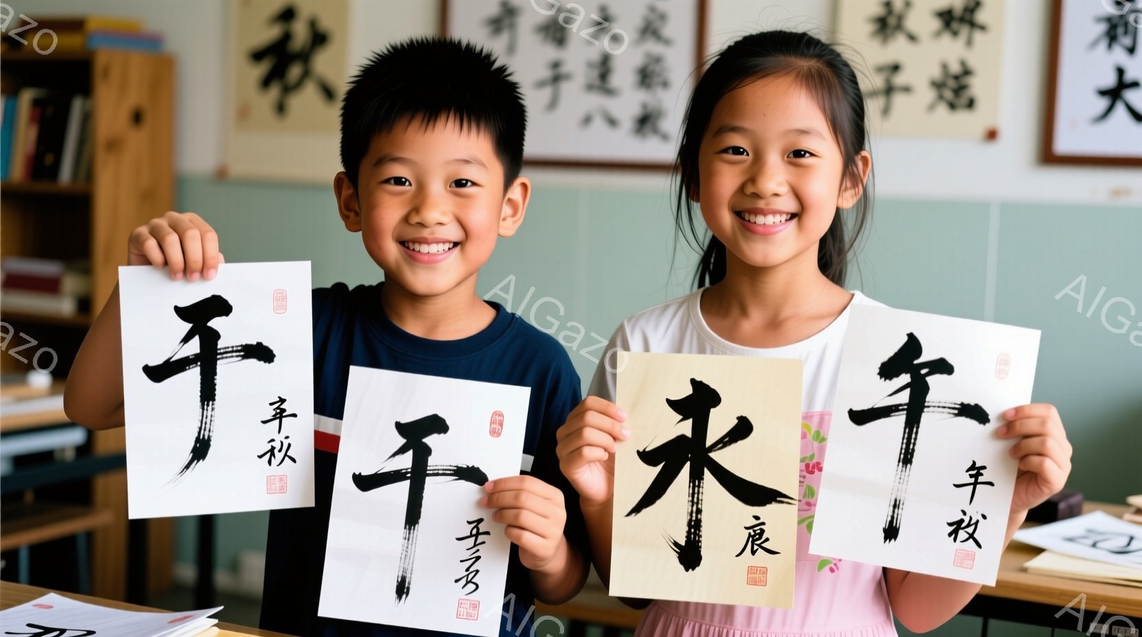 少年と少女が、それぞれ書道で書かれた白い紙を掲げて笑顔を見せています。少年は青いTシャツを着て髪を短く切り揃え、少女はピンク色のTシャツを着てロングヘアをしています。背景には書道の作品が飾られた教室があり、明るく温かい雰囲気です。