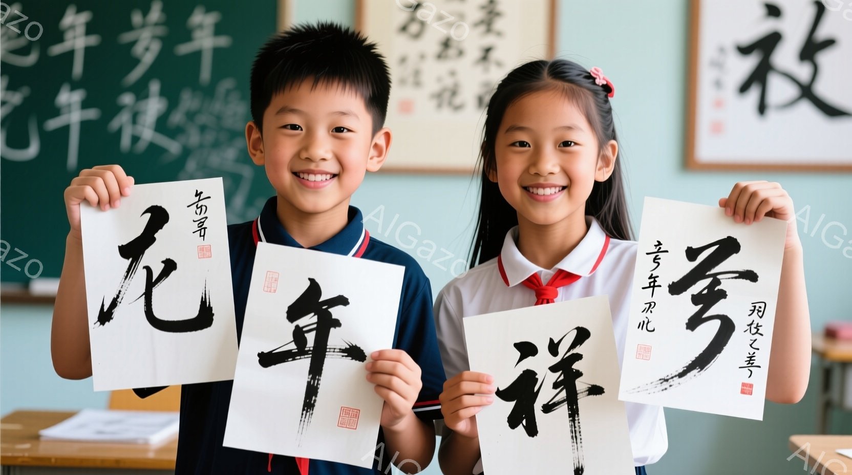 二人の子供が、それぞれ書道で書かれた大きな画用紙を掲げて笑顔を向けています。男の子は青いポロシャツに赤いネクタイ、女の子は白いブラウスに赤いリボンとネクタイをつけており、背景には書道作品が飾られた教室らしき場所が見えます。明るい光と子供たちの笑顔から、活気があり、学習意欲に満ちた雰囲気を感じられます。