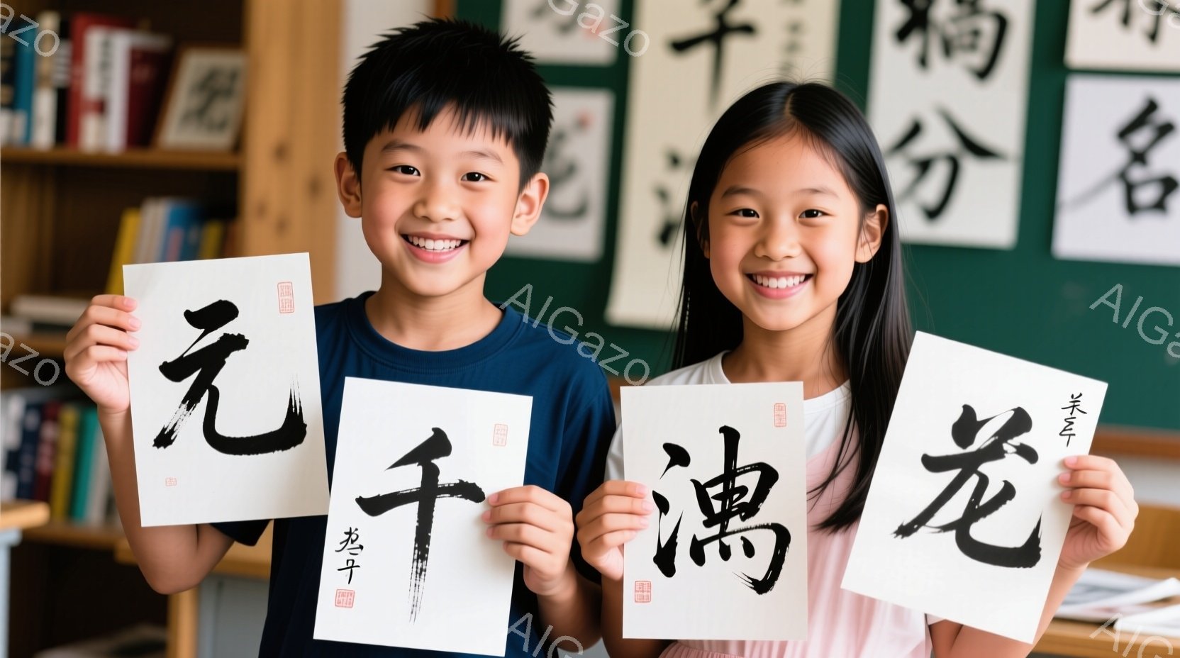 二人の子供が、それぞれ書道で書かれた白い紙を手に持って笑顔で立っています。男の子は青いTシャツを着ており、短髪で明るい笑顔を見せています。女の子はピンクのシャツを着ており、ロングヘアで同じように楽しそうに微笑んでいます。背景には、他の書道作品が飾られた棚が見え、教室のような雰囲気です。